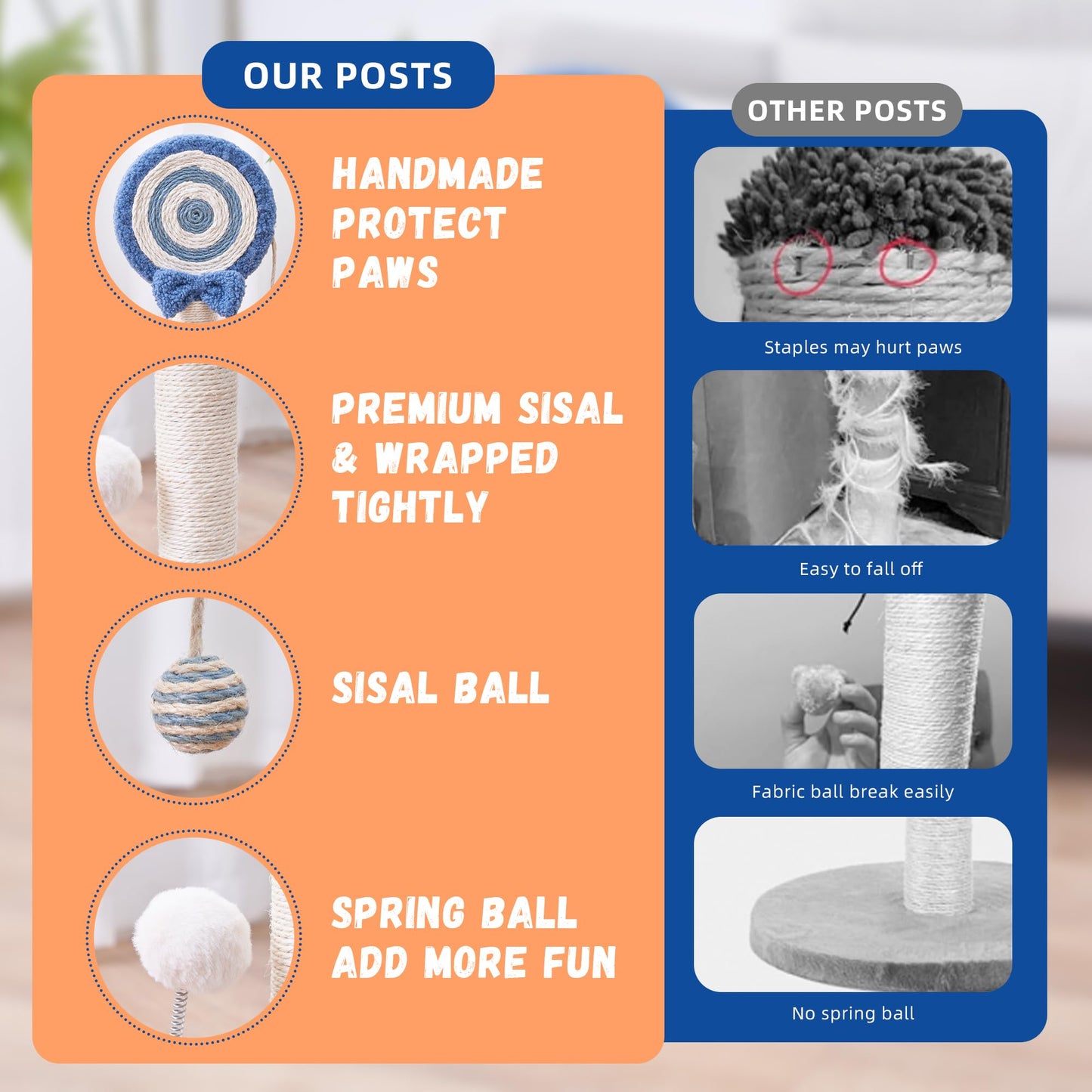 Cat Scratching Post Scratcher for Kittens Cute Small Cat Sisal Rope Indoor Scratch Mini Blue Kitty Decorative Accessories 24 inches Lollipop Post Toy Ball