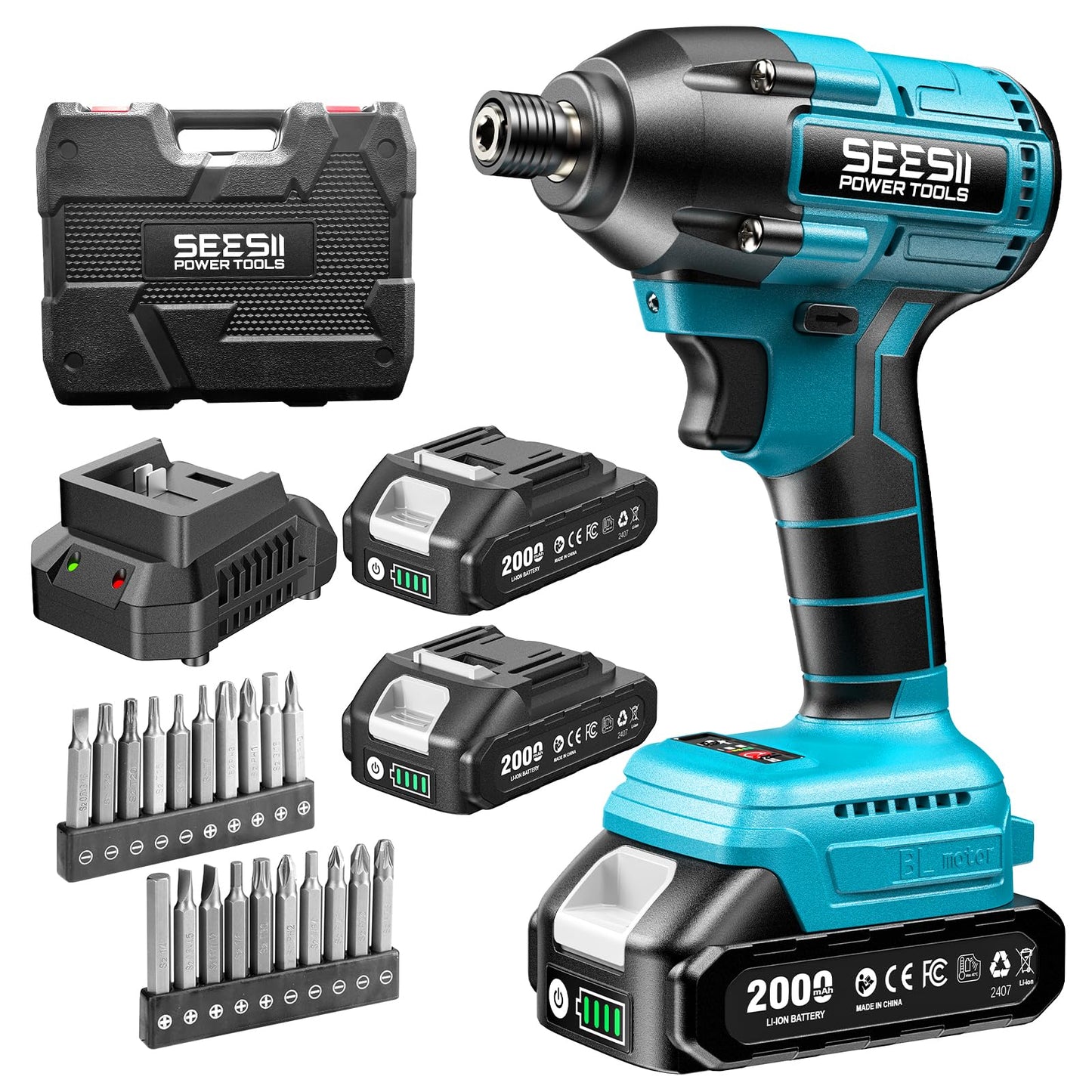 Seesii 21V Impact Driver, Electric Screwdriver with a Maximum Torque of 180N.m,1/4" Cordless Screwdriver with 2 Batteries 2.0Ah,2500RPM Variable Speed,20 Impact Bits & Carry Bag