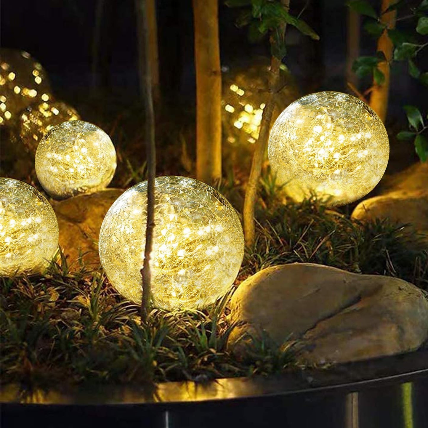 SyouHome Solar Garden Lights Outdoor Waterproof, 4 Pack 50 LEDs Cracked Glass Ball Light, Ground Landscape Garden Decor, Solar Globe Decorative for Pathway/Patio/Lawn/Yard (Warm White, 4.7")