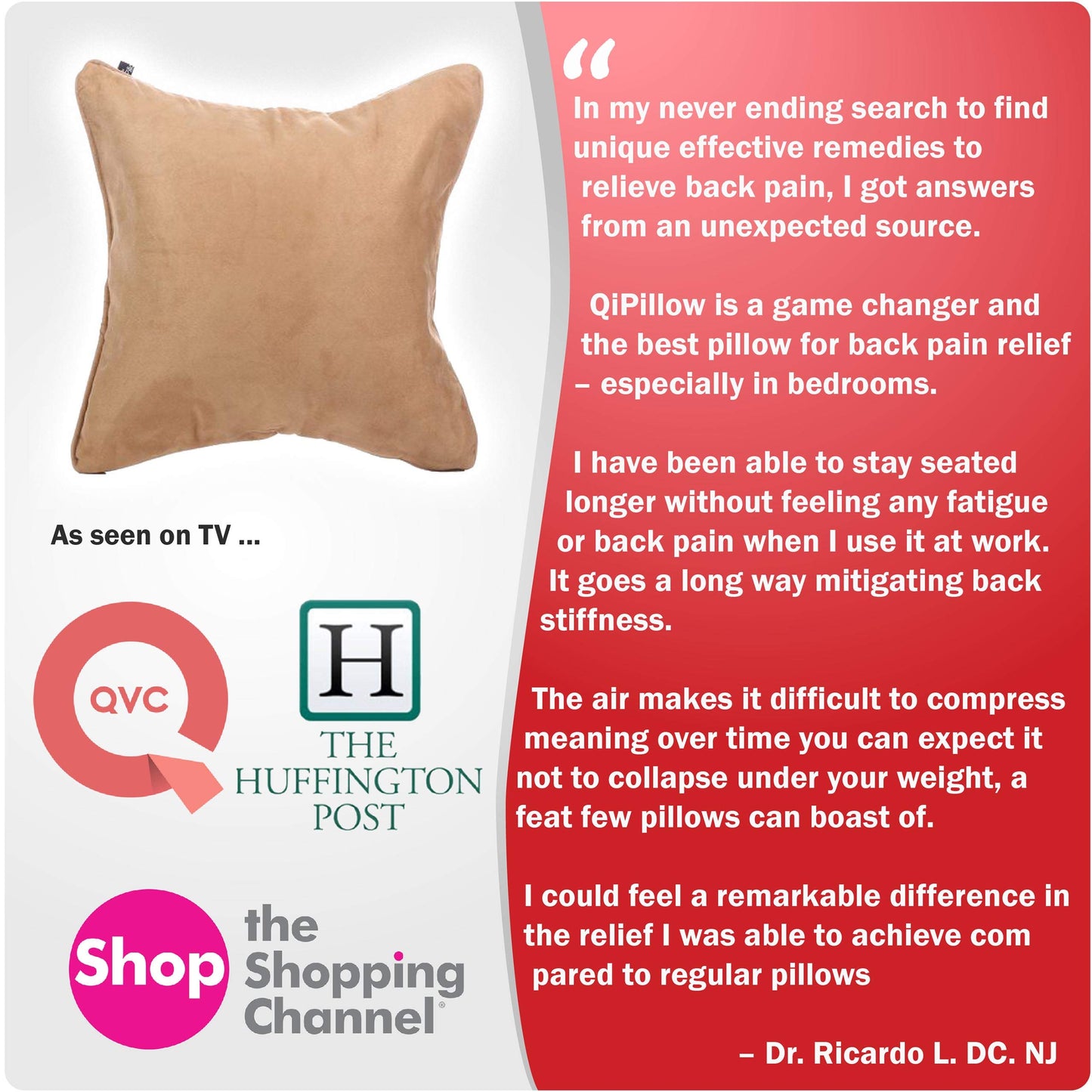 QiPillow - Pain Relieving Lumbar Support Throw Pillows for Couch, 18x18in Inflatable Ergonomic Back Support Square Pillow for Car, Chair and Recliner (Camel)