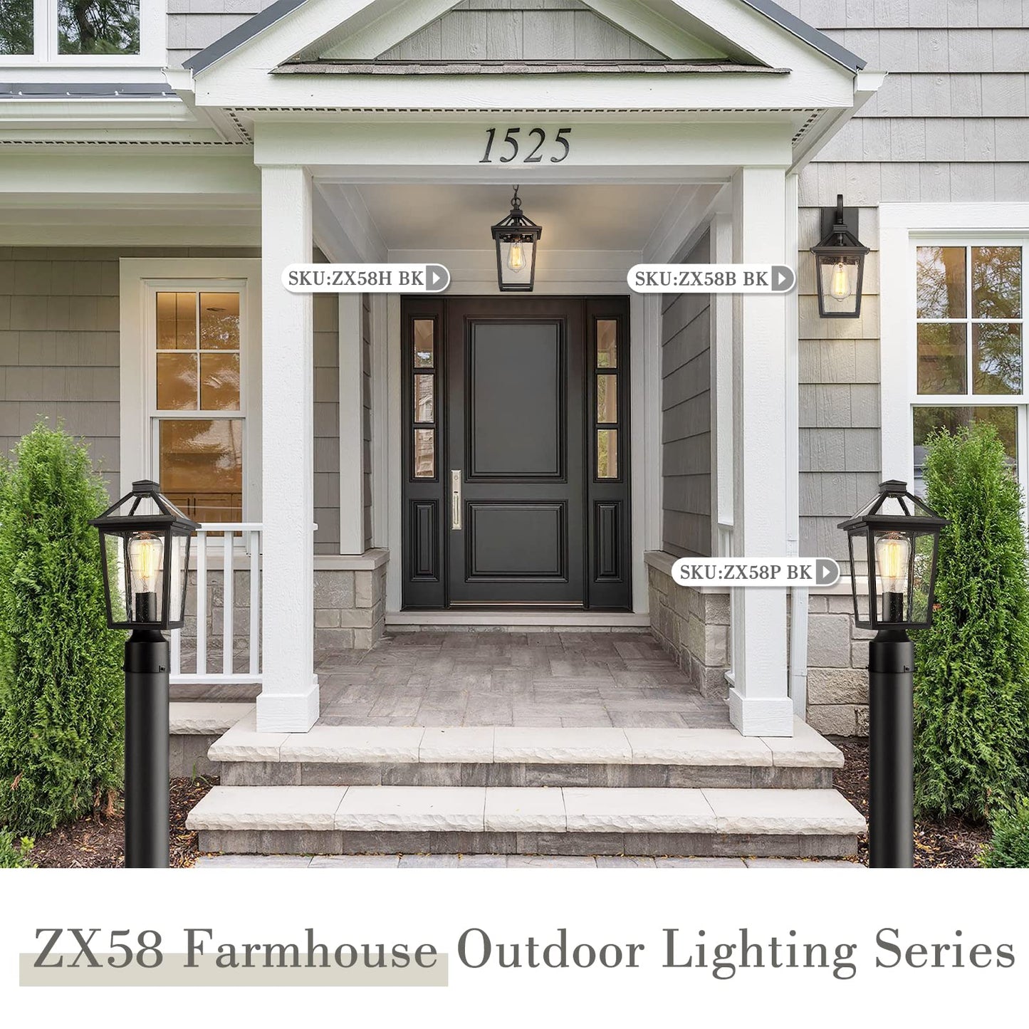 Zeyu Farmhouse Outdoor Post Light Fixture, 13.4 Inch Column Lamp Post Lantern for Garden Patio House, Die-Cast Aluminum in Black Finish, Seeded Glass Shade, ZX58P BK