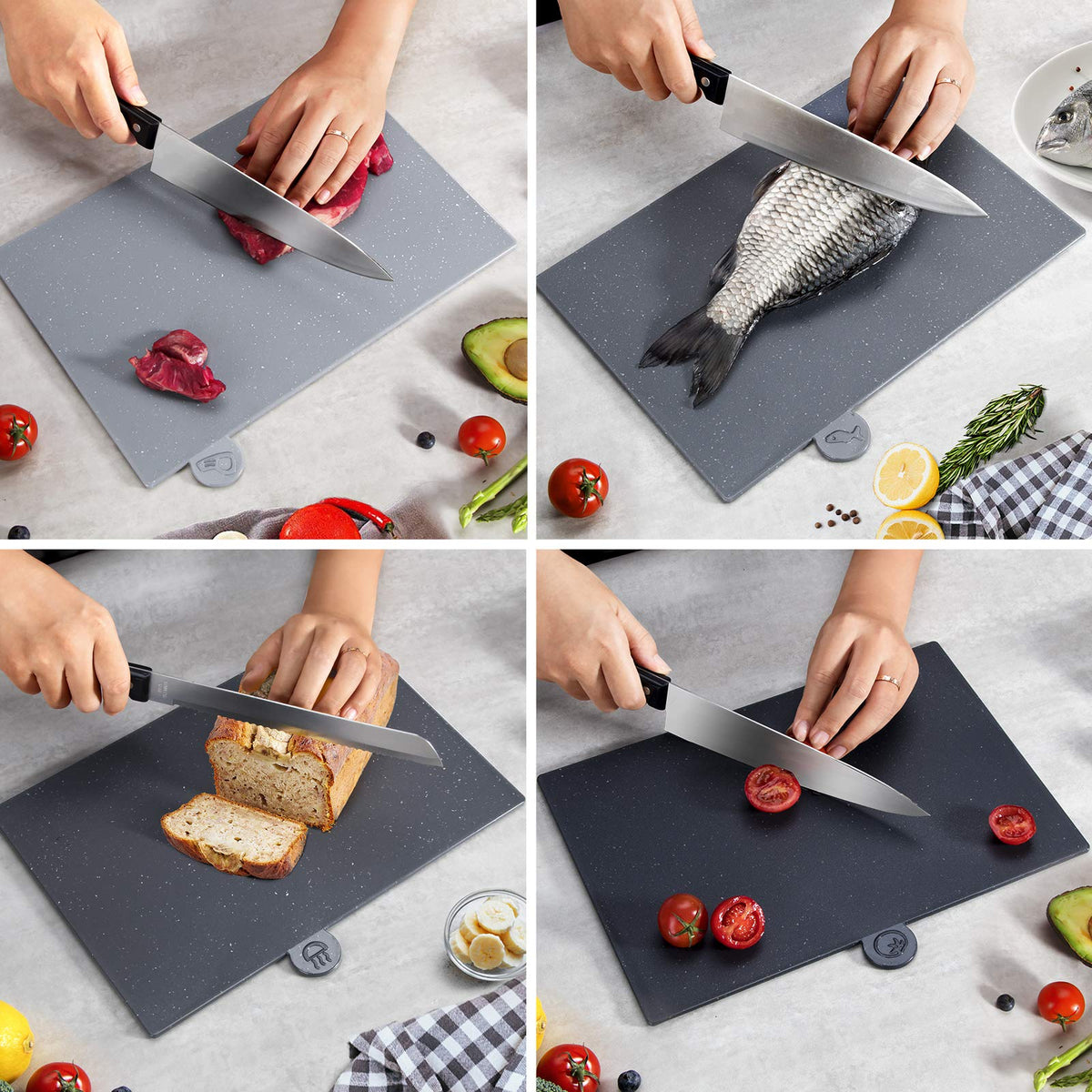 Almcmy Index Chopping Board Set, 4-Pieces Plastic Cutting Boards with Food Icons and Storage Stand, BPA Free, Dishwasher Safe, Professional Chopping Board Set for Kitchen