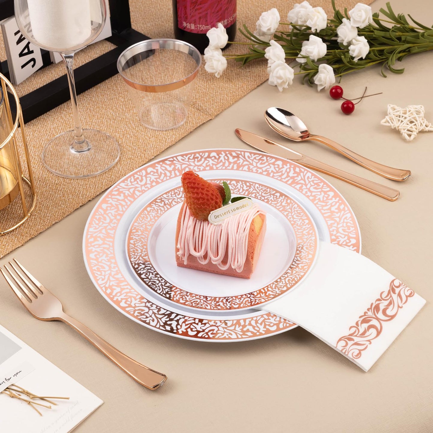 Bestluck 350PCS Rose Gold Plastic Dinnerware Set for 50 Guests, Disposable Plates for Party, Wedding, Include 50 Rose Gold Dinner Plates, 50 Dessert Plates, 50 Set Silverware, 50 Cups, 50 Napkins