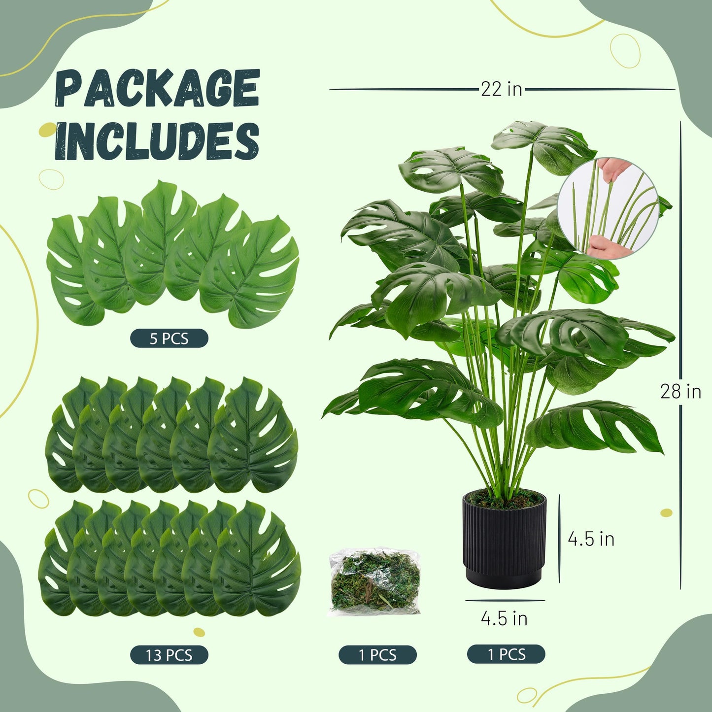Der Rose 28" Black Pot Fake Monstera Plants, Large Artificial Potted Plants for Indoor & Outdoor Floor Front Porch Modern Decor