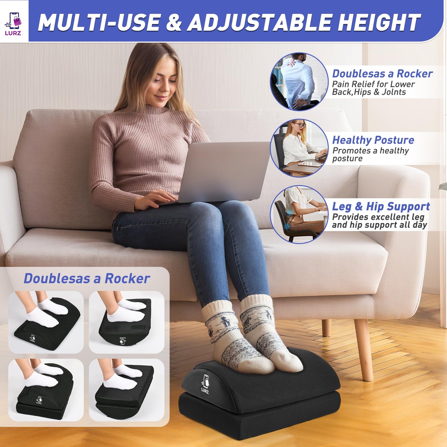 Ergonomic Foot Rest Under Desk for Office desk accessories – Adjustable Height Memory Foam Foot Stool Under Desk for home Office Chair & Gaming Chair – for Back & Hip Pain Relief
