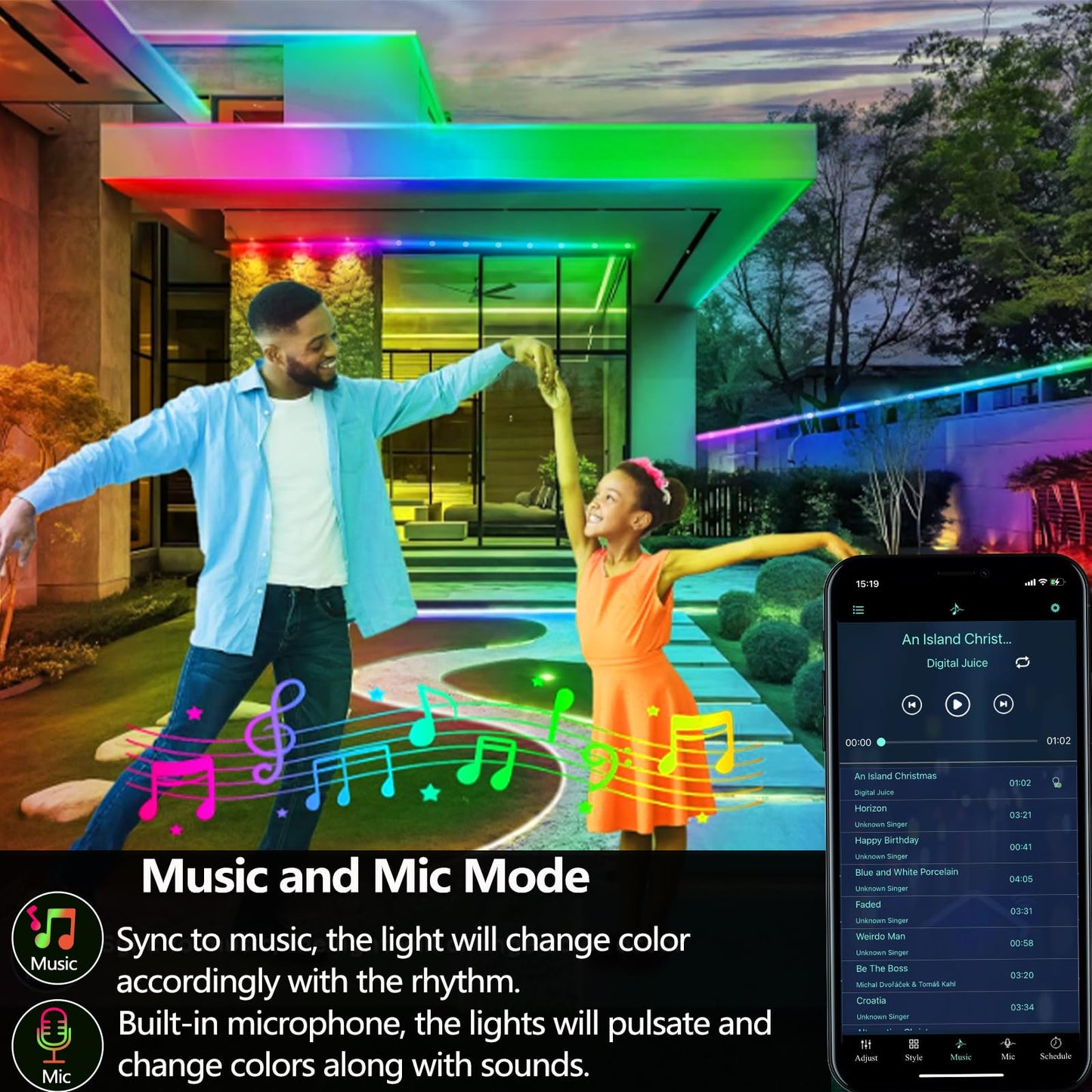 httpsmp 50FT Ws2812 RGB+IC LED Strip Lights IP68 Outdoor Waterproof, 5V USB Powered, Music Sync Bluetooth APP/RF Remote Control Lights for Balcony,Deck,Camping,Garden,Bedroom Decor