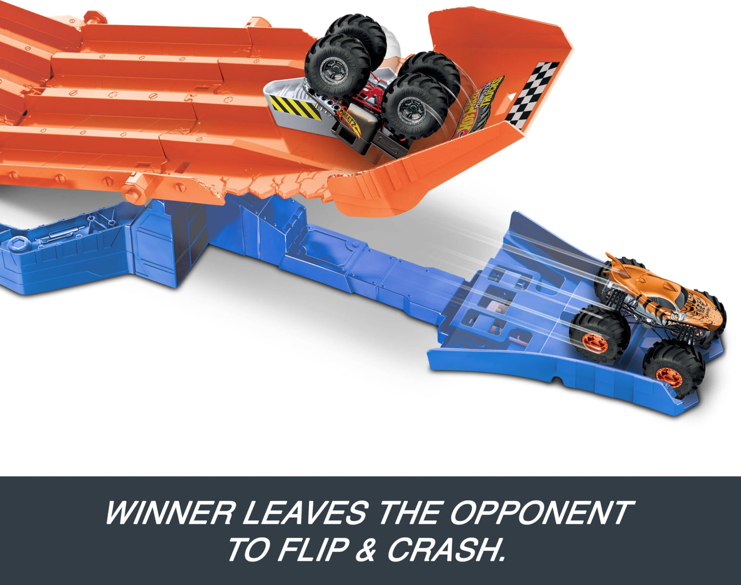 Hot Wheels Toy Monster Trucks Track Set with 1:64 Scale Mega-Wrex & Tiger Shark, Competitive Racing, Sharks vs. Dinos Racedown Destruction Playset