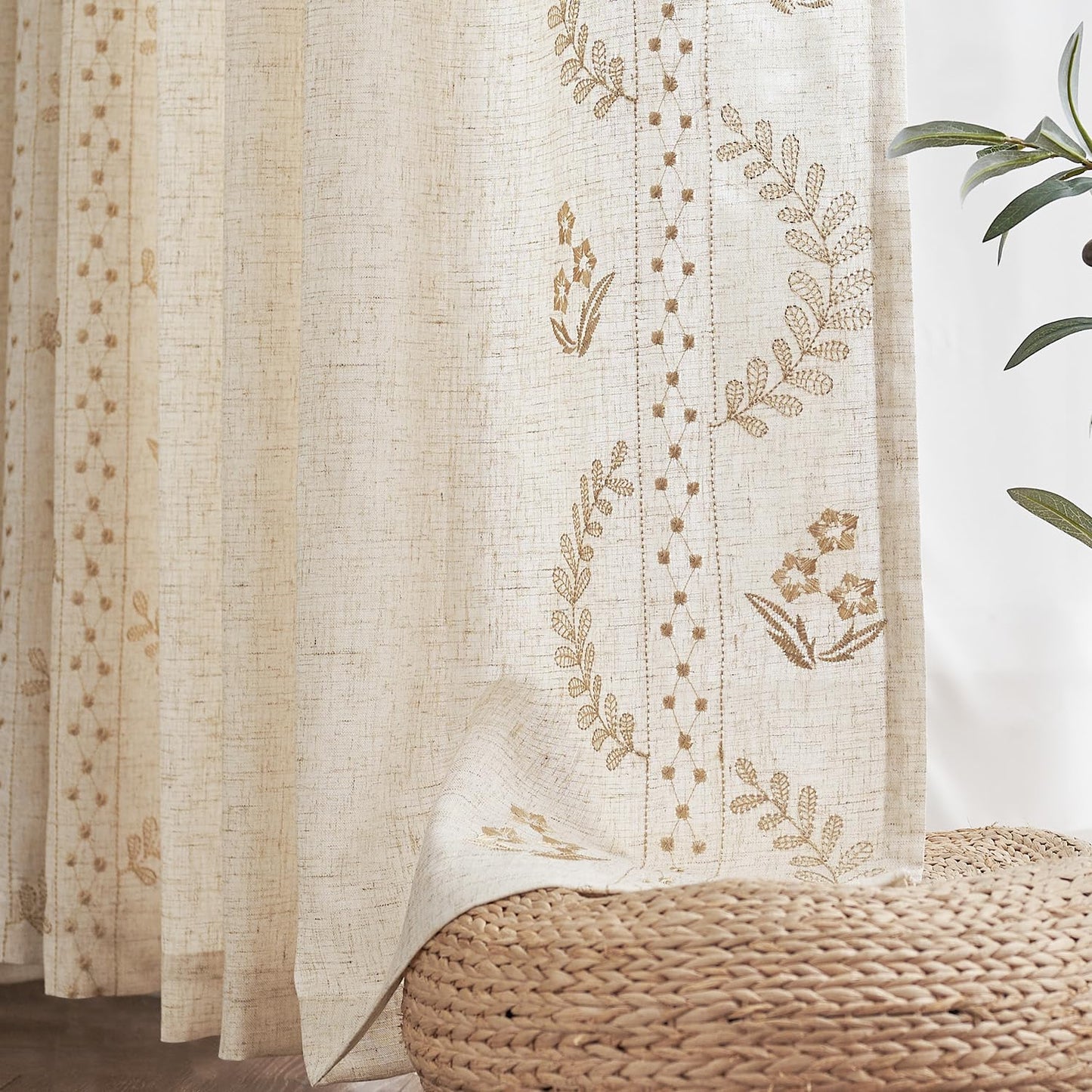 JINCHAN Linen Curtains for Bedroom Floral Curtains 84 Inch Length Linen Blend Beige Embroidered Drapes Farmhouse Flower Patterned Drapes for Living Room Window Treatments Set 2 Panels