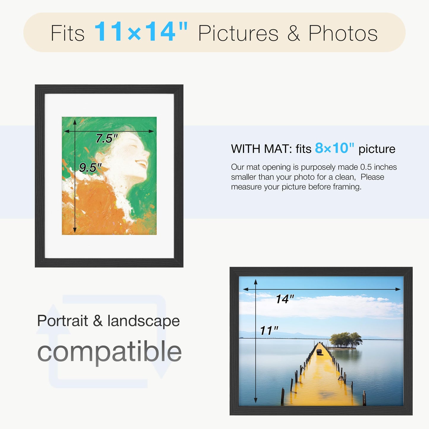 LIVINGTASTE 11x14 Picture Frame Set of 4 Wood Solid Veneer Black 11x14 Frames with Mat to 8x10, Wooden 4 Pack 11 x 14 Picture Frame with Shatterproof Plexiglass for Vertical or Horizontal Wall Mounting Display