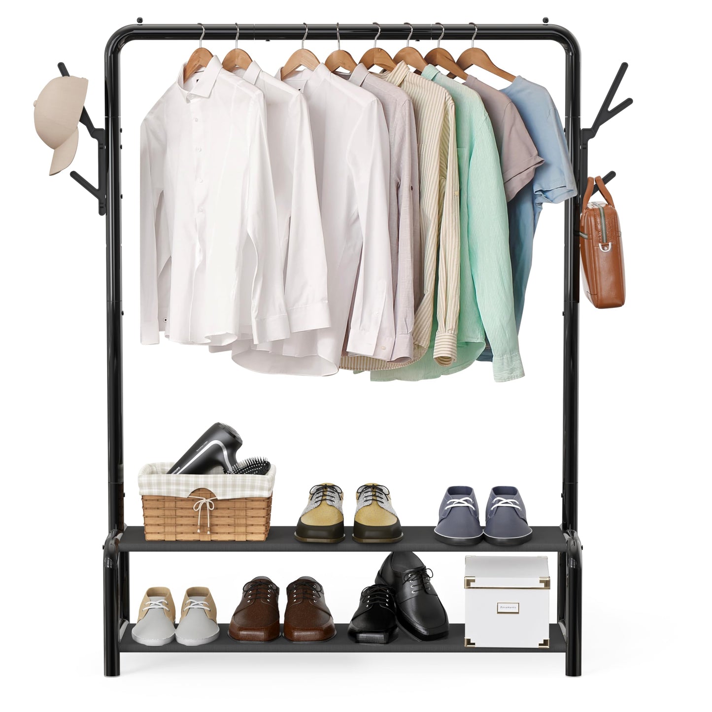 Simple Houseware 52-Inch Garment Rack with Storage Shelves and Coat/Hat Hanging Hooks, Black