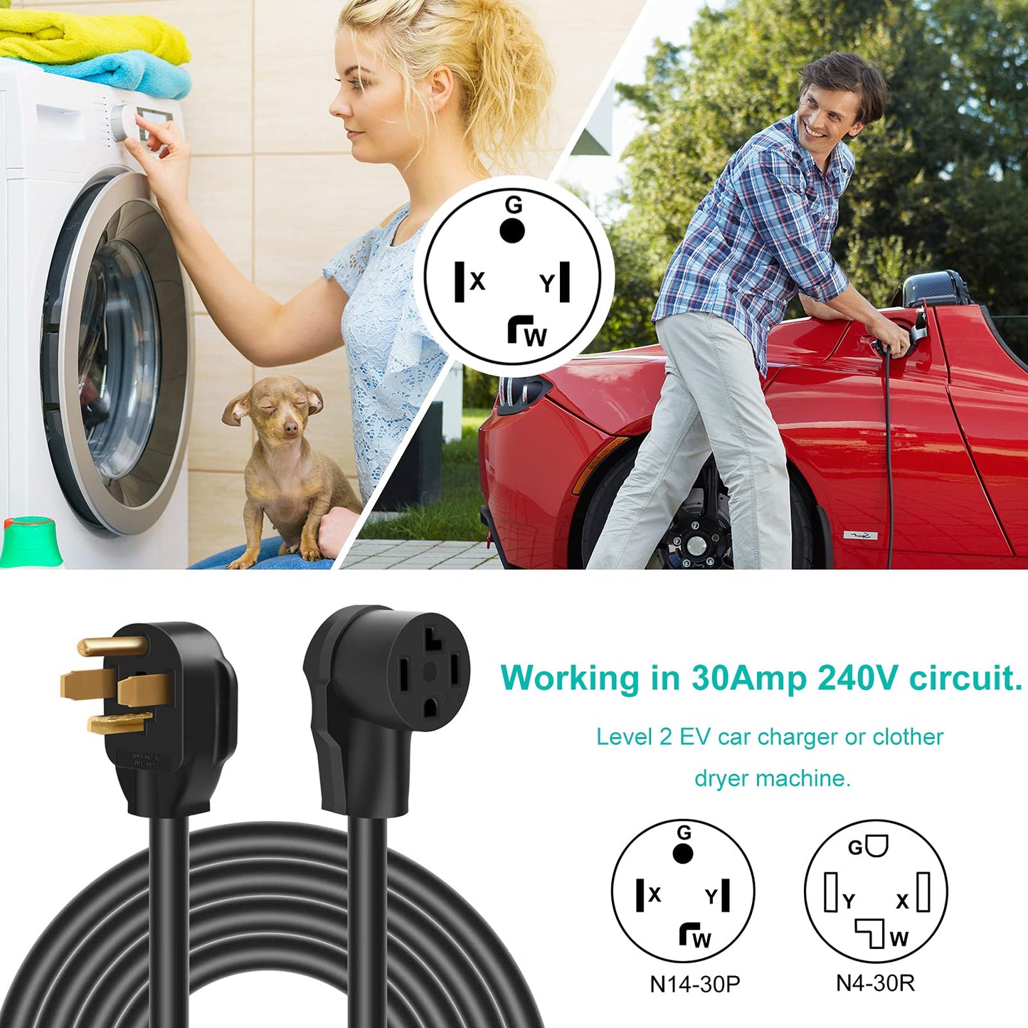 10 FT Dryer Extension Cord 4 Prong Canada, 10 Feet Nema 14-30 Extension Cable for Level 2 EV Charging, 30Amp 14-30P Male to 14-30R Female 125V/250V STW 10 Gauge