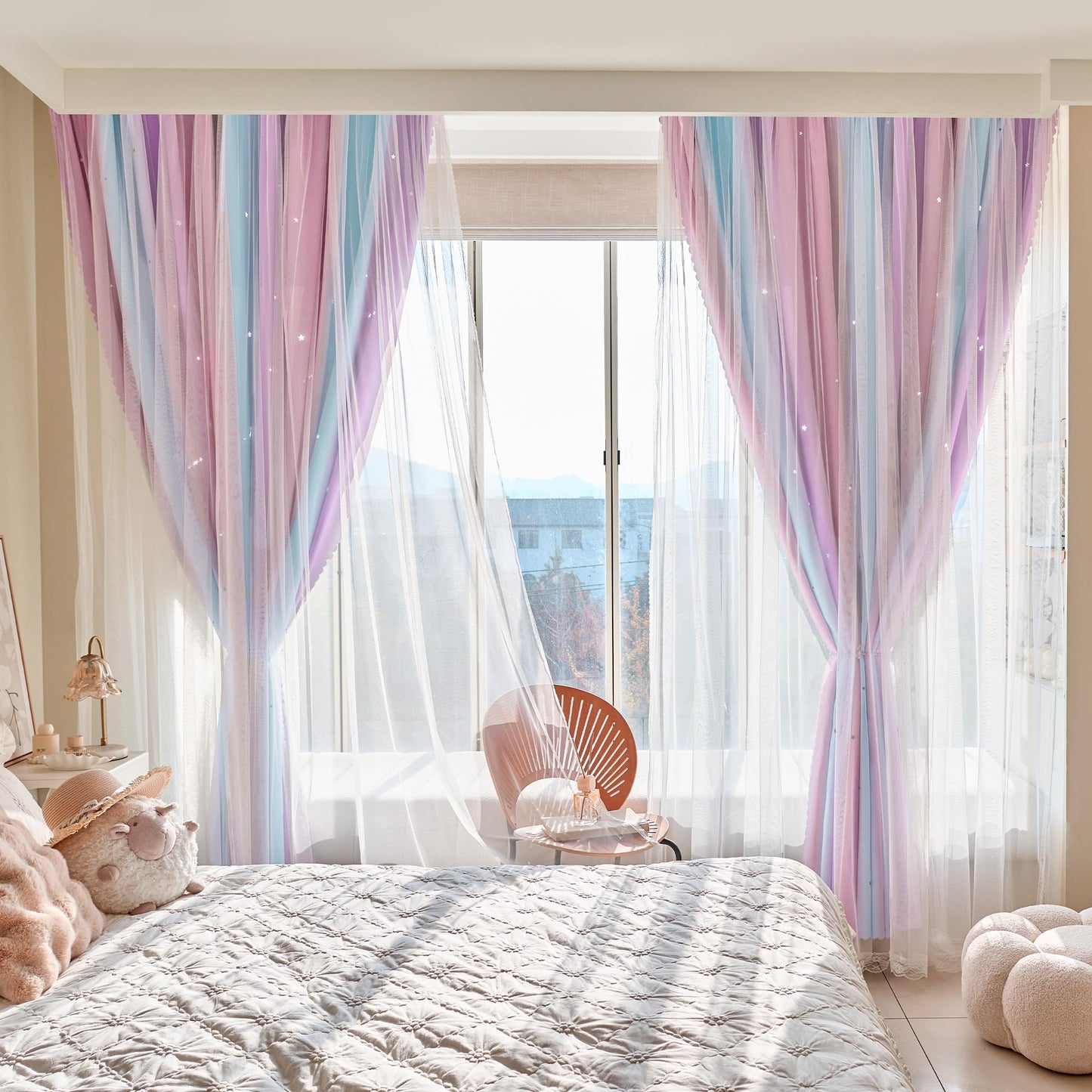 Best Baisite Curtains for Girls Bedroom 2 Panels Kids Blackout Curtains Nursery Princess Room Decor Star Rainbow Curtain for Daughter Window Grommet Rideaux Unicorn Wall Decal(PinkBluePurple,34"x63")