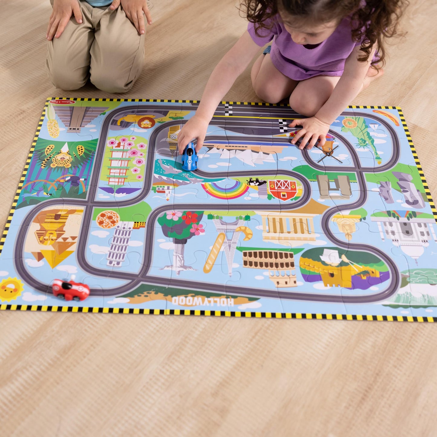 Melissa & Doug Race Around the World Tracks Cardboard Jigsaw Floor Puzzle and Wind-Up Vehicles (48 Pcs) for Preschoolers and Kids Ages 4+ - FSC Certified