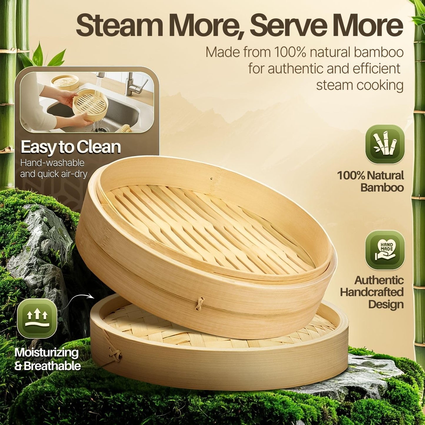 Flexzion Bamboo Steamer Basket Set (10 inch), 50 x Steamer Liners and 2 Pairs of Chopsticks, Steam Baskets for DimSum Dumplings, Rice, Vegetables, Fish and Meat