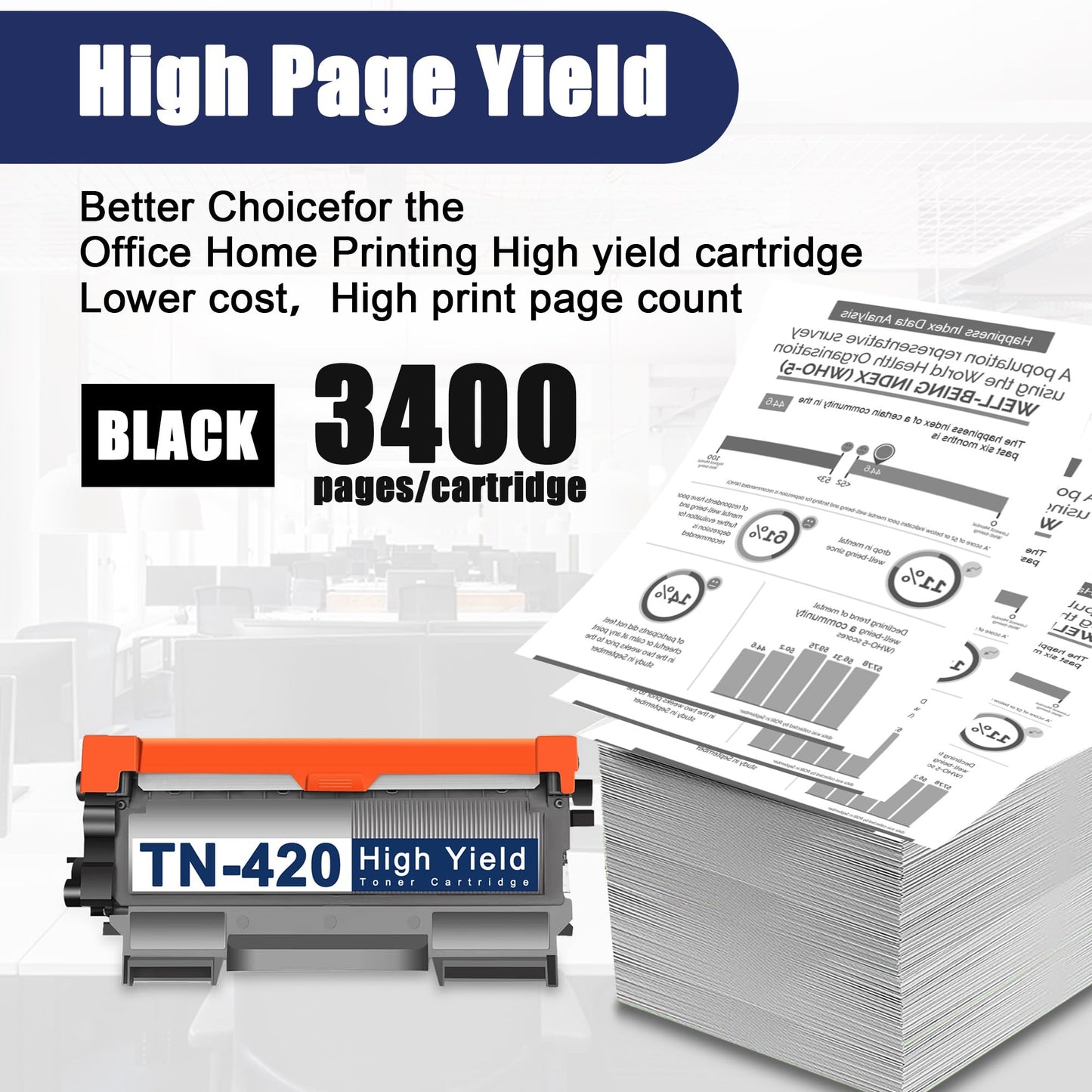TN420 TN450 Black Toner Cartridge High Yield 2 Pack Replacement for Brother TN-420 TN-450 TN 420 TN 450 DCP-7060D 7065DN HL-2230 2240 2270DW 2280DW Intellifax 2840 2940 MFC-7360N 7860DW Printer Toner