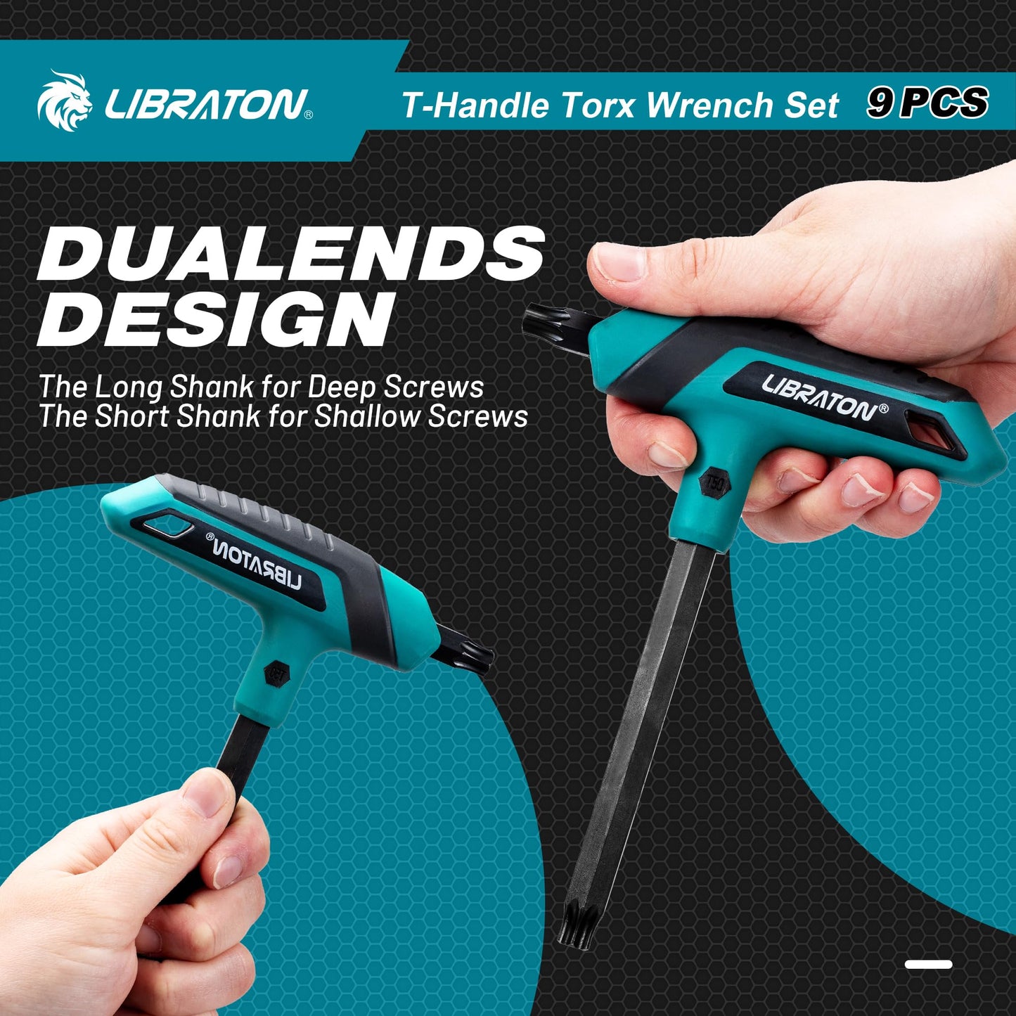 LIBRATON 9PCS T Handle Torx Wrench Set, T10-T50, T-Handle, Two-tip Design, Suitable for Torx Screws, Auto Bike Repair Tool, with Storage Rack