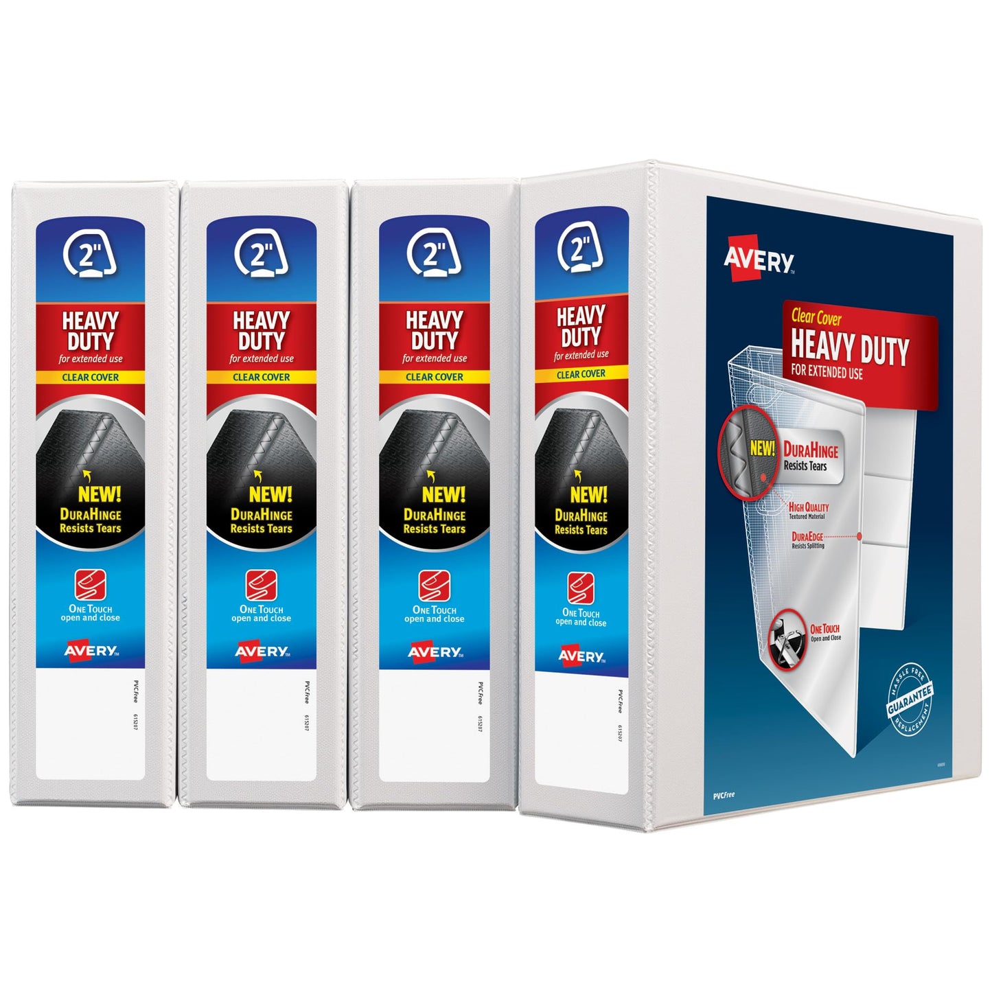 Avery Heavy-Duty View Binder, 2" One Touch Rings, 500-Sheet Capacity Each, DuraHinge, White, Pack of 4 (79790)