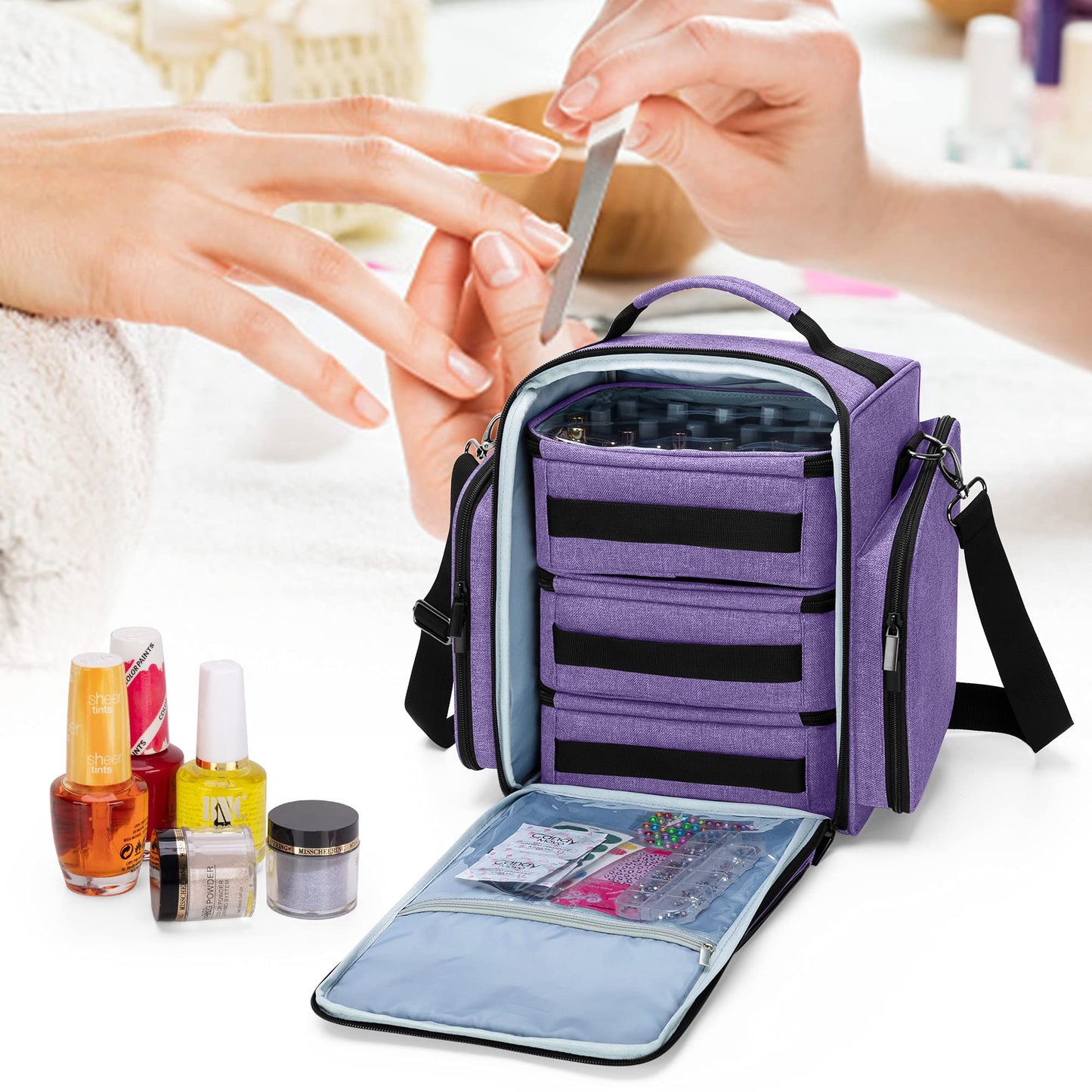 BAFASO Nail Polish Organizer Holds 72 Bottles (15ml - 0.5 fl.oz), Large Nail Polish Case with 3 Removable Pouches and Multiple Storage Sections (Bag Only), Purple, Patented
