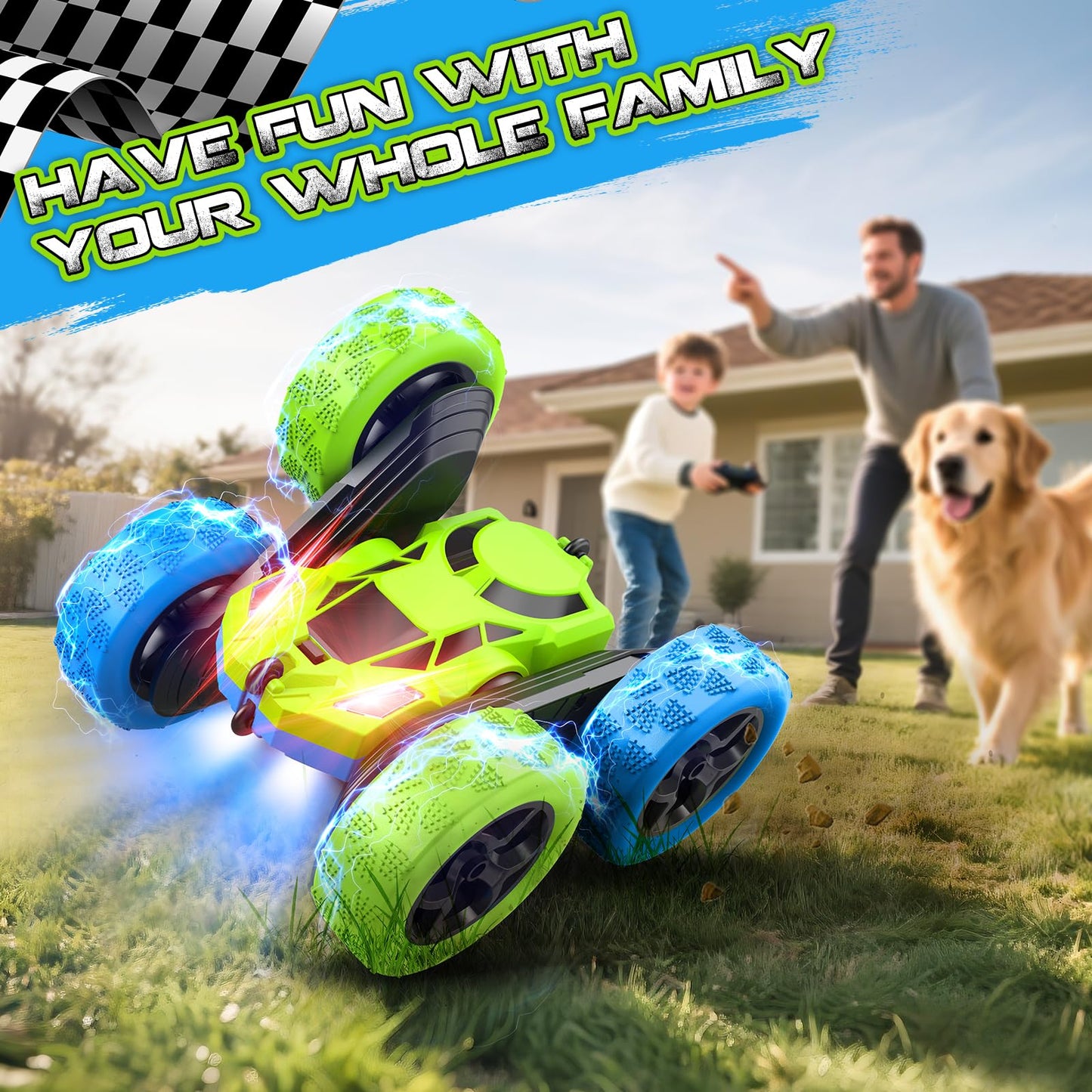 Remote Control Cars for Kids, Stunt RC Cars with 4WD Double-Sided Driving 360° Flips Rotating, Remote Car Toys for Boys Valentines Day Gifts Birthday Gifts - Blue&Green