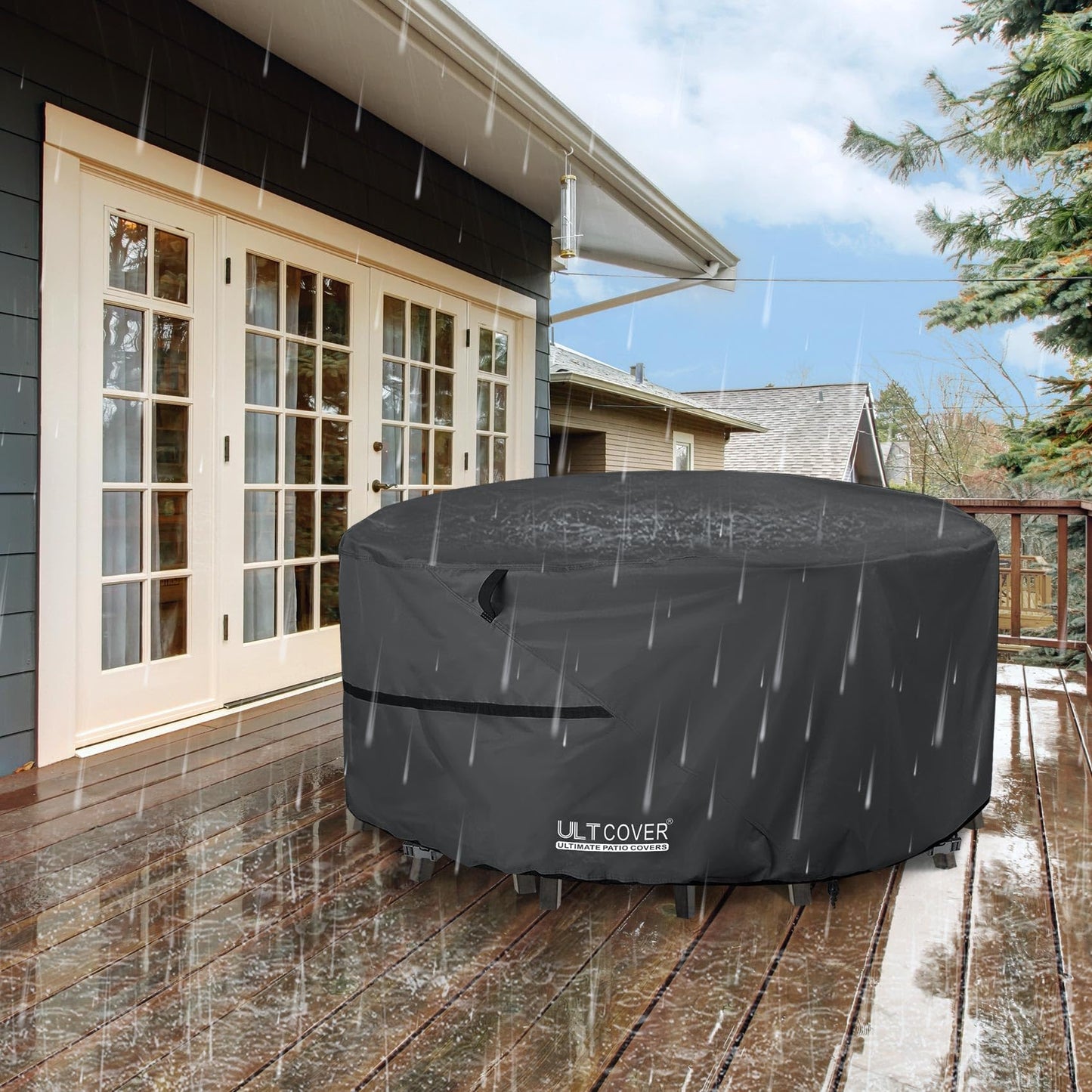ULTCOVER Round Patio Furniture Cover - Outdoor Waterproof Table with Chair Set Cover 60 inch, Black