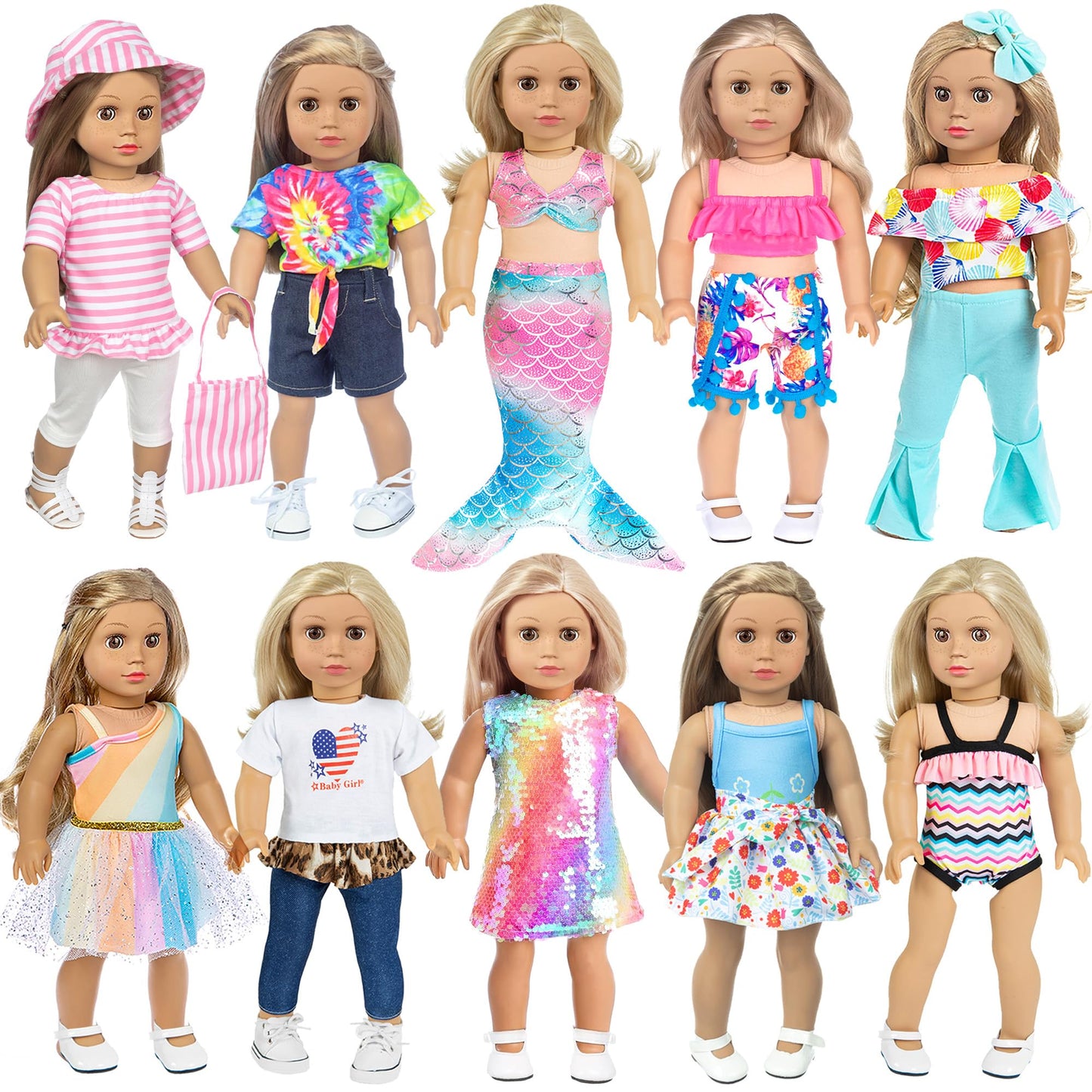10 Sets 18 inch Doll Clothes and Accessories inlcude Mermaid Shinning Dress Outfits Bikini Hat Handbag (No Doll)