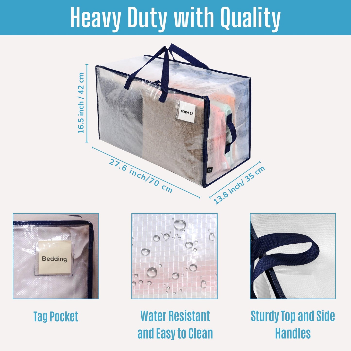 VENO Heavy Duty Extra Large Foldable Storage Bags with Zippers & Carrying Handles, Storage Containers Organizer Tote, Moving Boxes for College Dorm, Travel, Camping, Reusable (Clear, 8 Pack)