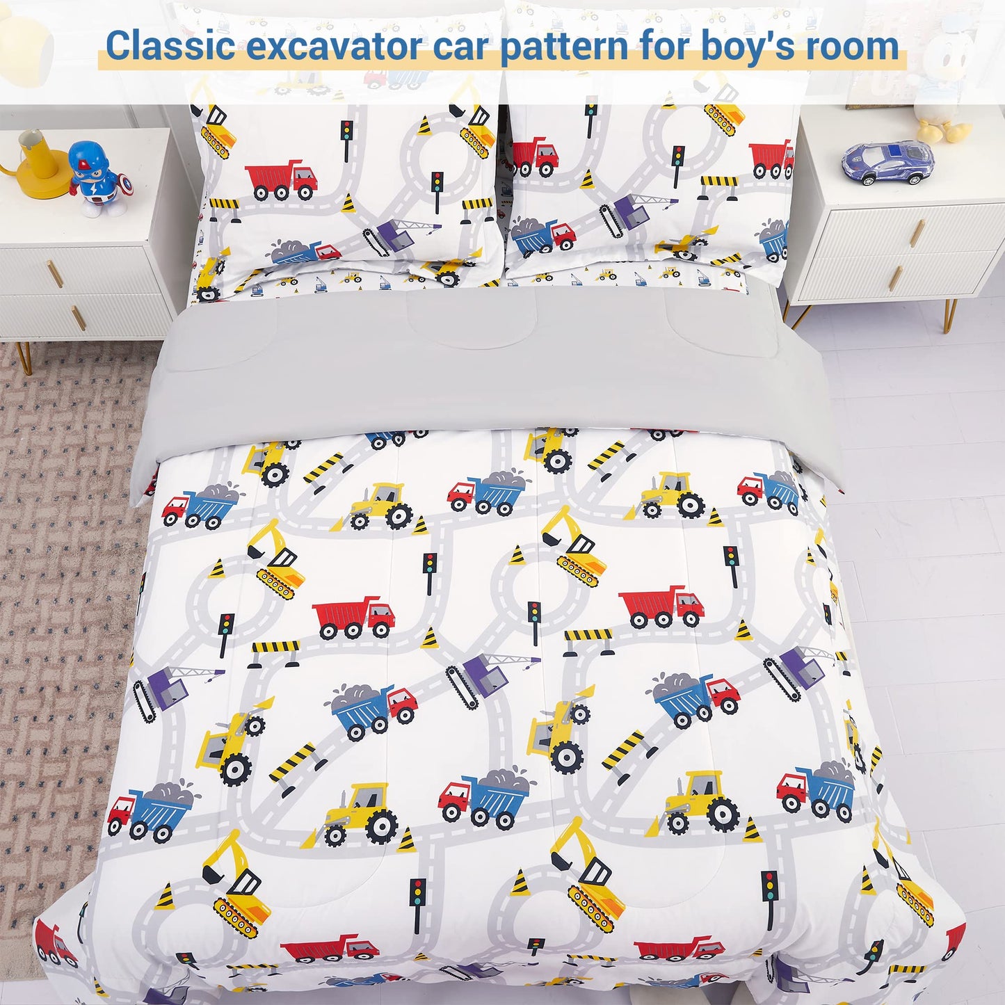 Viviland Kids Full Double Bedding Sets for Boys, Girls Soft Full Double Comforter Set with Sheets, 7 Pieces Microfiber Bed in a Bag, White Car Excavator