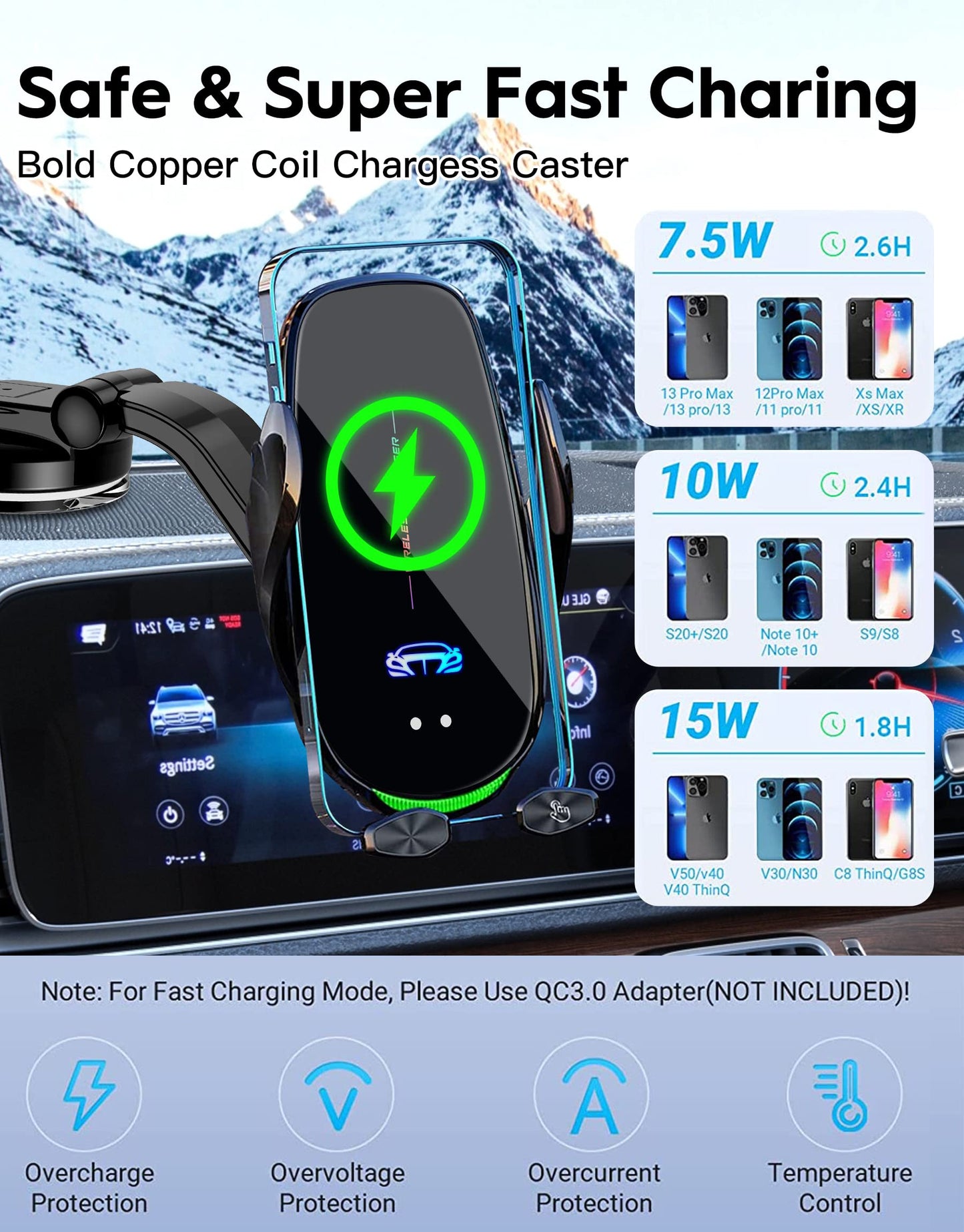 Wireless Car Charger, 15W Qi Fast Charging Car Phone Holder Mount, Auto Clamping Car Charger Phone Mount, Windshield Dashboard Air Vent Phone Holder, for iPhone 14/13/12/11/X, for Samsung Galaxy Note