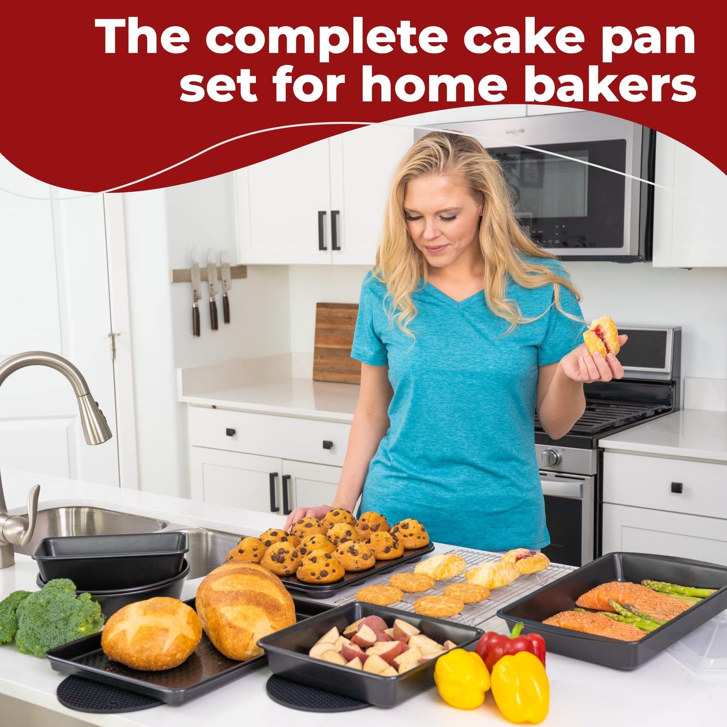 KITCHENATICS 12-PC Baking Pan Set Nonstick, Durable Carbon Steel Baking Sheets for Oven, Nonstick Baking Pans Set with Muffin Pan, Loaf Pan, Pizza Pan, Cookie Sheet Pan - Black Bakeware Sets