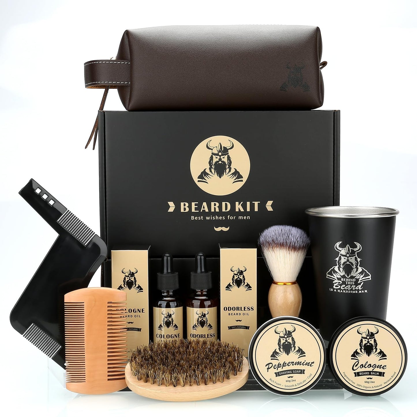 Beard Kit Gifts for Men, Father's Day Birthday Gifts for Him Men Dad Boss Husband, Grooming & Trimming Tool Complete Set, Beard Care Kit with 2 Beard Oil/Balm/Brush/Comb/Shaving Soap/Cup&Storage Bag