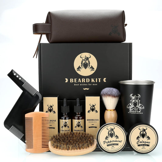 Beard Kit Gifts for Men, Father's Day Birthday Gifts for Him Men Dad Boss Husband, Grooming & Trimming Tool Complete Set, Beard Care Kit with 2 Beard Oil/Balm/Brush/Comb/Shaving Soap/Cup&Storage Bag
