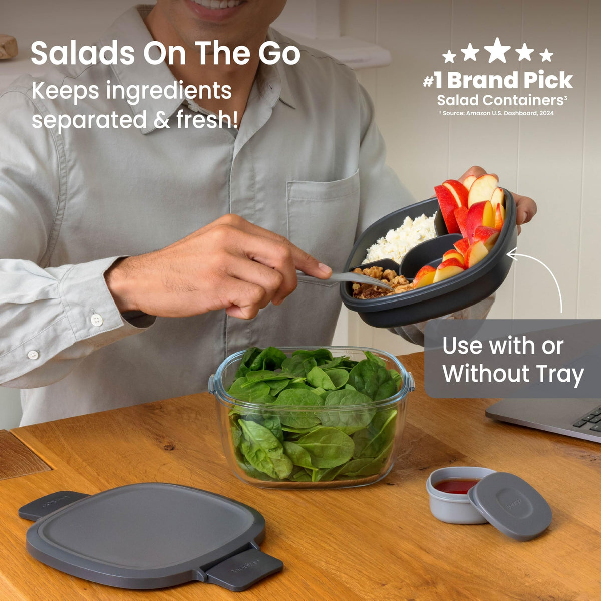 Bentgo Glass Salad Container - 7.6 Cup Salad Bowl with Airtight Lid, Leakproof Sauce Container, 4 Compartment Bento Tray and Reusable Fork - BPA Free for