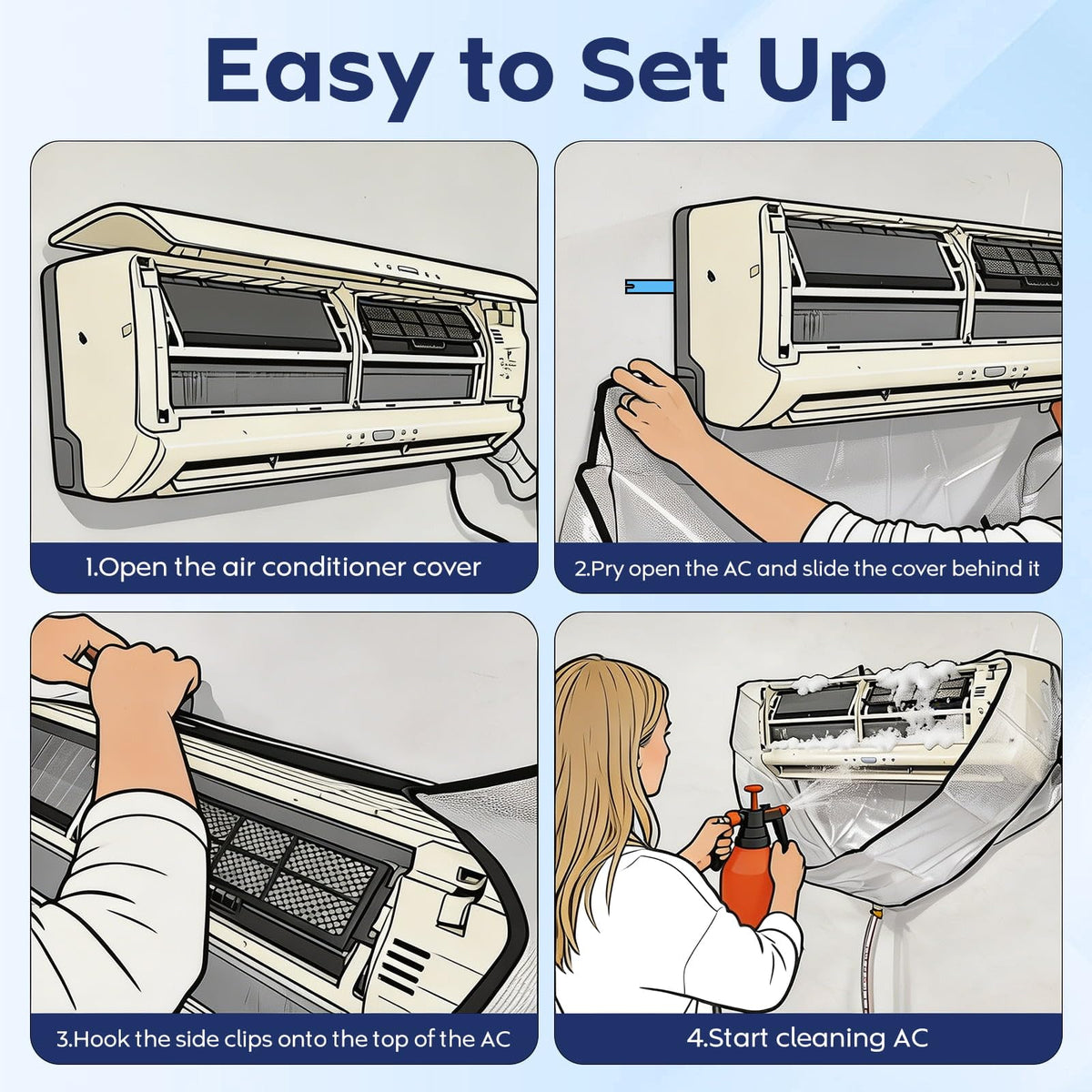 ZSPLIT-MAIR Mini Split Heat Pump Cleaning Kit, Professional Splash Guard AC Cleaning Cover Bag with 2L Pressure Pump Sprayer, Air Conditioner Cleaner Kit for Heat Pumps, Blue L