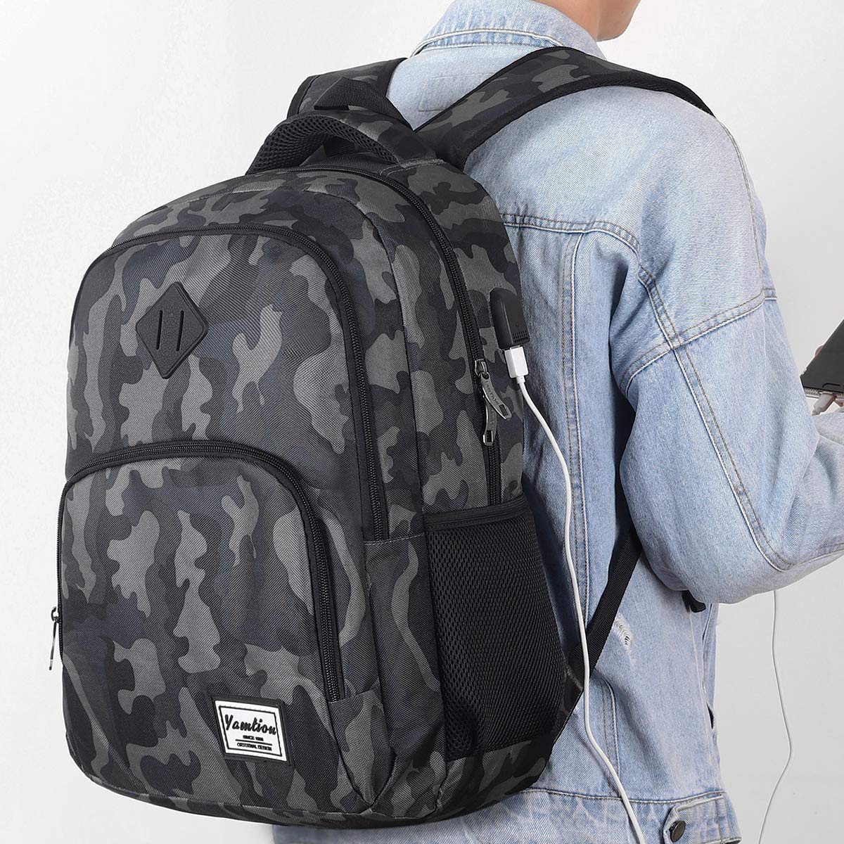 YAMTION 17 Inch School Backpack for Teen Boys,Bookbag for High School College Backpack with USB,Camouflage Black