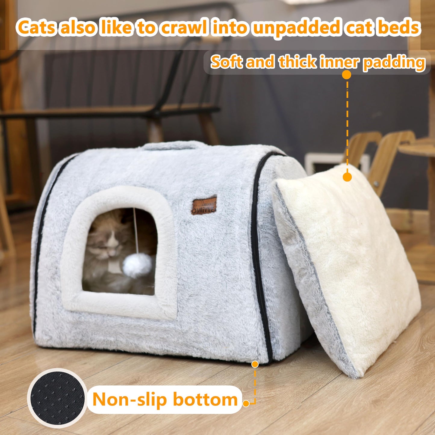 cat beds for Indoor Cats,Soft and Comfortable,Cute cat House,with Removable Washable Cushioned Pillow,Enclosed cat Bed,Kitty pet hut、Hideaway,Small Dog Tent (Gray, L:(20.4"×15.5"×15"))