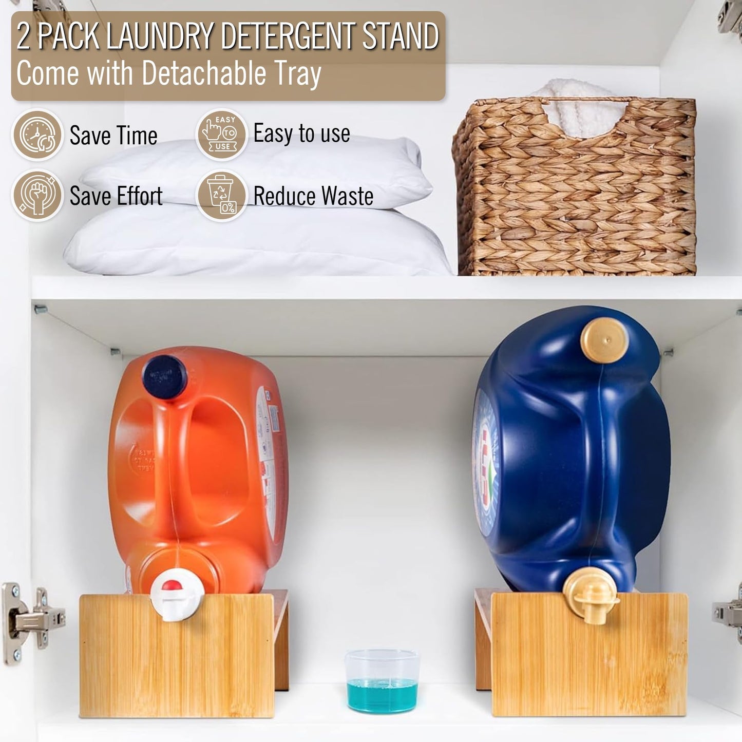 MyLifeUNIT Laundry Detergent Dispenser, 2 Pack Wooden Laundry Detergent Holder Stand with Tray for Laundry Room Organization and Storage
