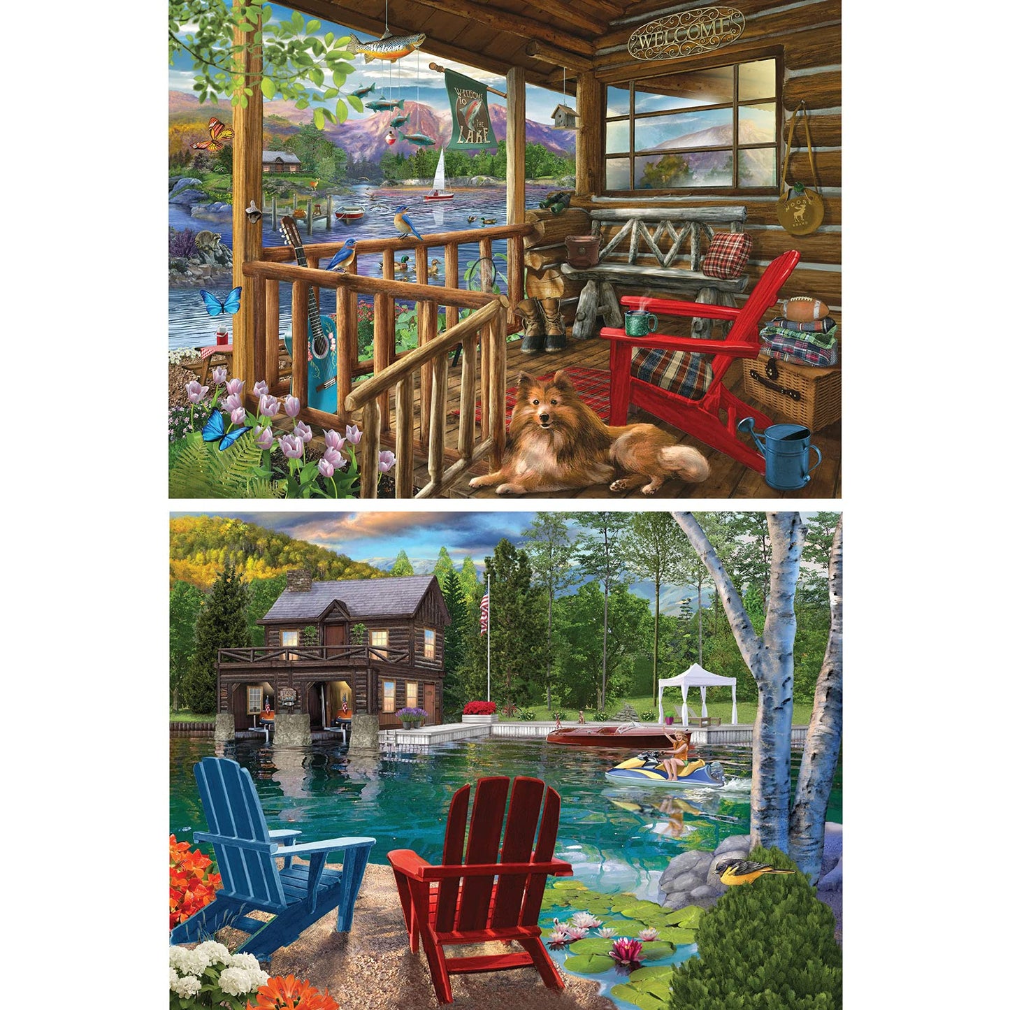 Bits and Pieces - Value Set of Four (4) 1000 Piece Jigsaw Puzzles for Adults - Puzzles Measure 20" x 27" - 1000 pc Porch Family Summer Boathouse Multi-Pack Jigsaws by Artist Bigelow Illustrations