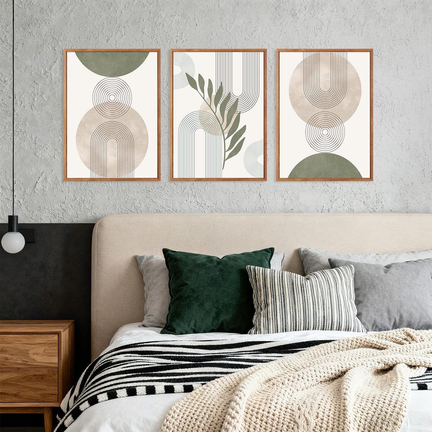 HPINUB Sage Green Boho Framed Canvas Wall Art Set, (Set of 3,12X16 Inch) Minimalist Beige Green Botanical Wall Decor, Abstract Geometric Line Leaf Painting for Living Room,Bedroom,Office Decor