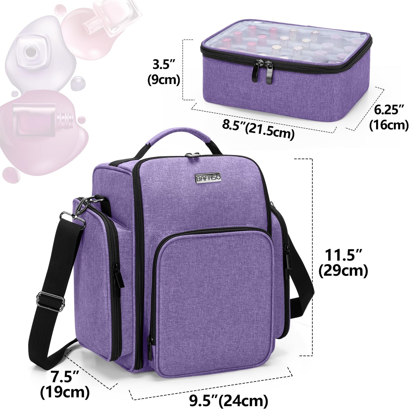 BAFASO Nail Polish Organizer Holds 72 Bottles (15ml - 0.5 fl.oz), Large Nail Polish Case with 3 Removable Pouches and Multiple Storage Sections (Bag Only), Purple, Patented