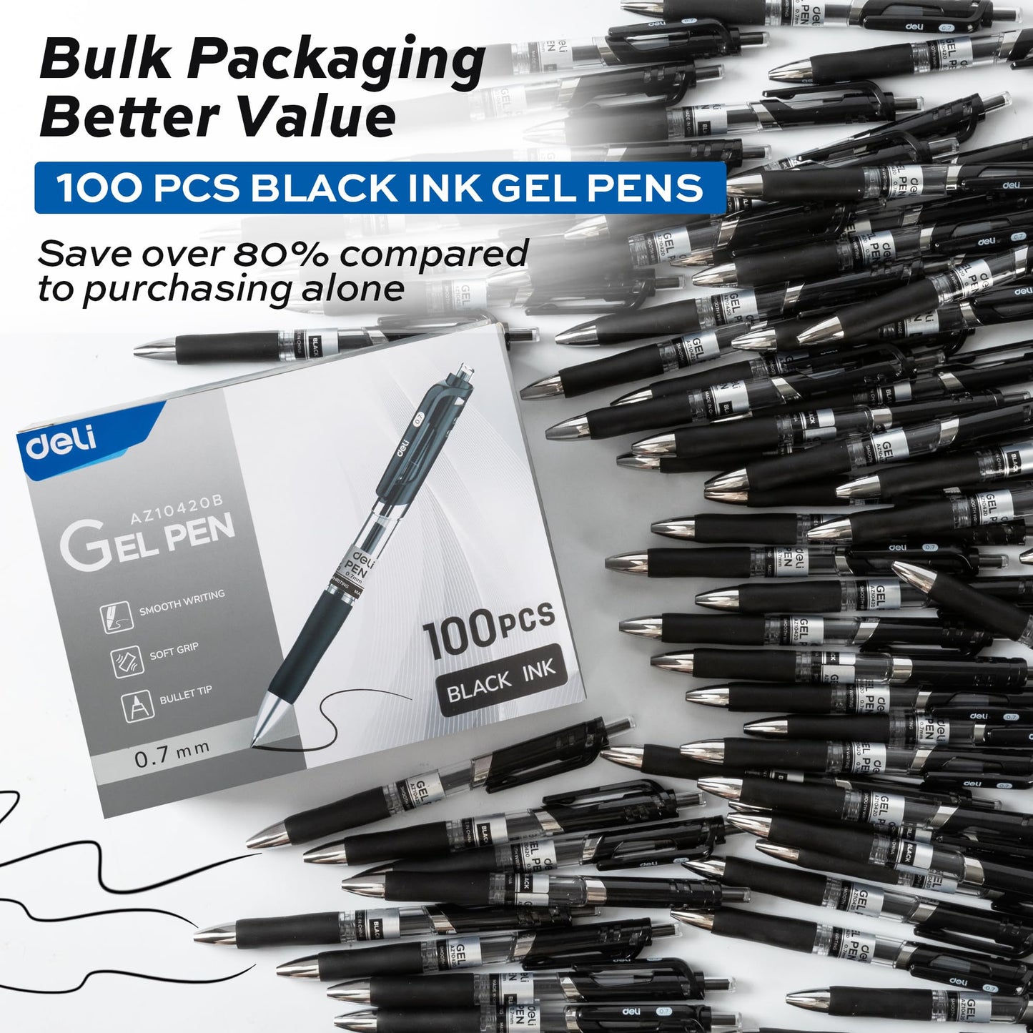 Deli Gel Pens, 100 Pcs Retractable Pens Black Ink, Medium Point Pen 0.7mm, Smooth Writing, Fast Dry, No Bleed for Journaling Note Taking, Home School Office Supplies