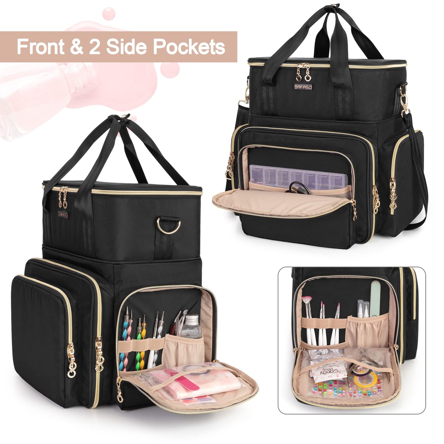 BAFASO Double Layer Nail Polish Organizer Holds 70 Bottles (15ml - 0.5 fl.oz) and a Nail Dryer, Nail Polish Case with 2 Removable Pouches and Tools Storage Sections (Bag Only), Black