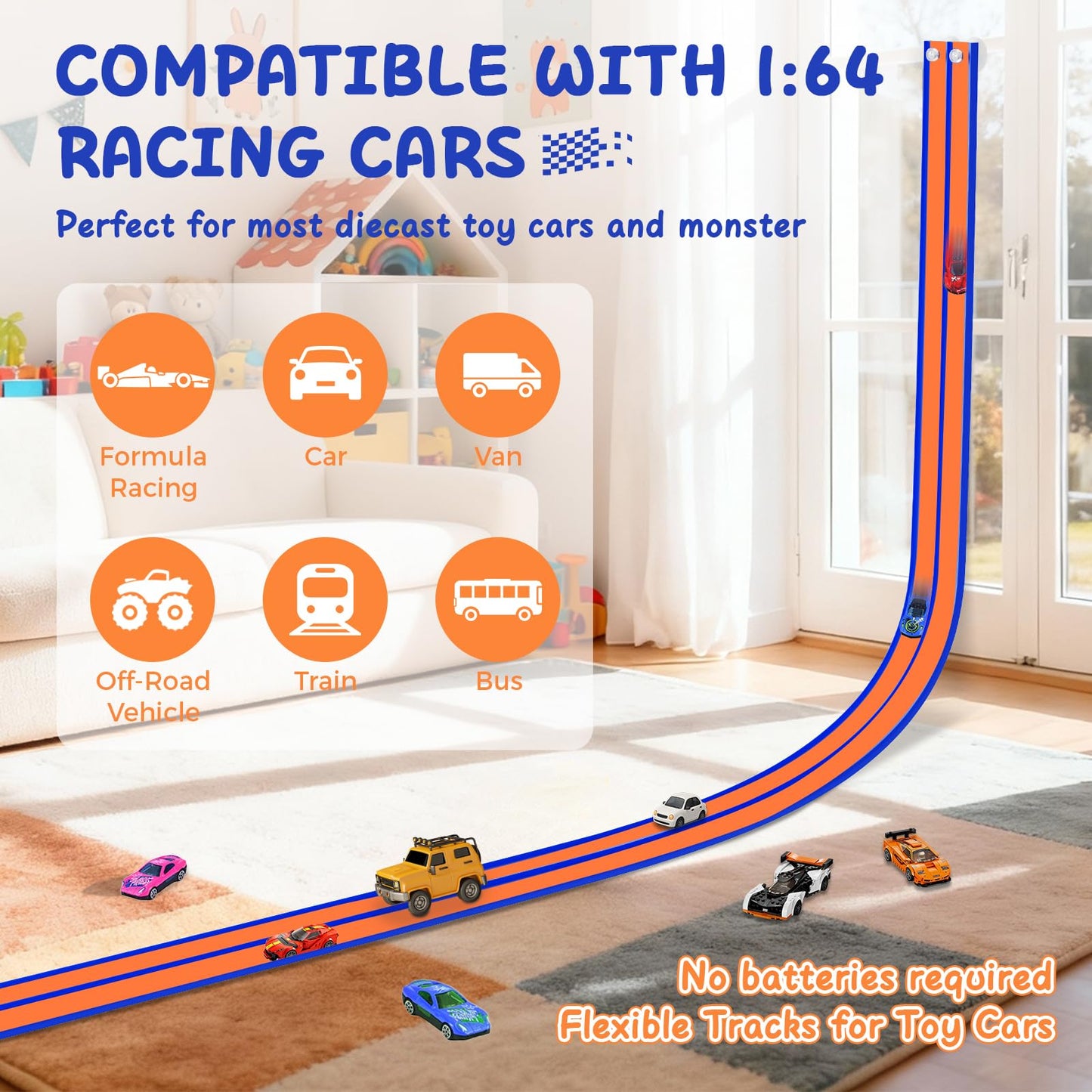 Flexible Race Track for Kids, Portable Flex Track with 4 Strong Suction Cups & 8 Scale Diecast Cars, Flexible Car Tracks for Kids, A Great Birthday Gifts for Boys & Girls Aged 3+ (Orange and Blue)