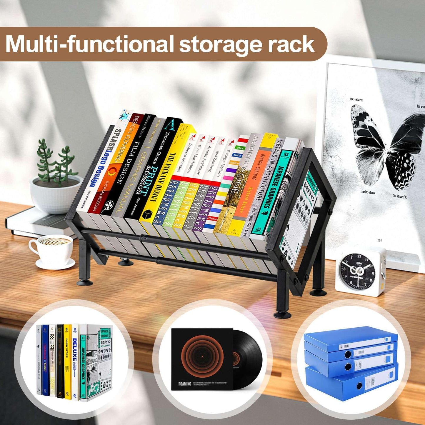 Adjustable Desktop Bookshelf for Desk Book Organizer, Tilting Tabletop Bookshelf in Office Home/Bedroom, Vinyl Record Storage Holder Book Rack for Magazine/CDs/Books/Vinyls Display