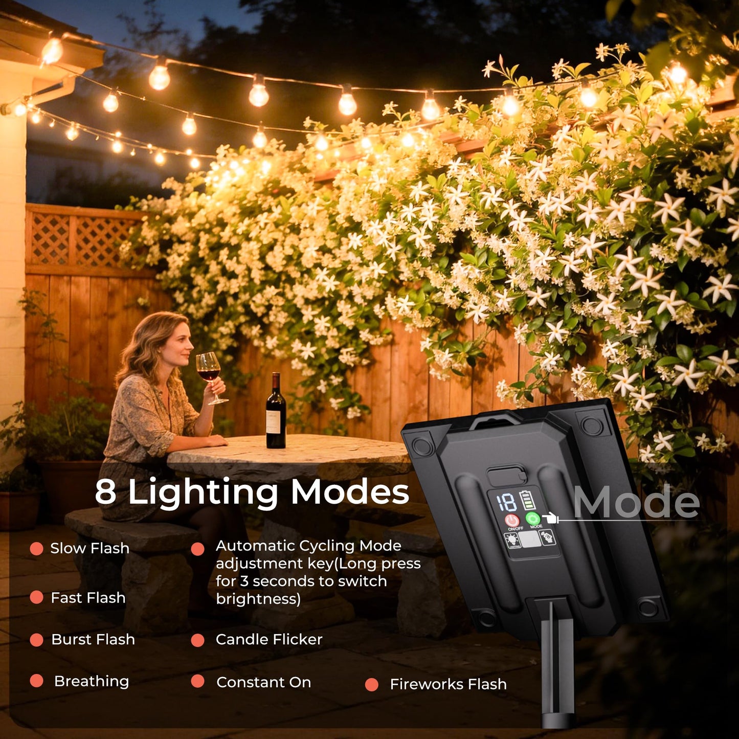 Quntis 53ft 15+2Bulb Solar String Lights Outdoor, 8 Lighting &4 Dimming Mode, USB-C & Solar Powered Patio Light String Outdoor, Digital Power Display, Waterproof Solar Light for Backyard Garden Gazebo