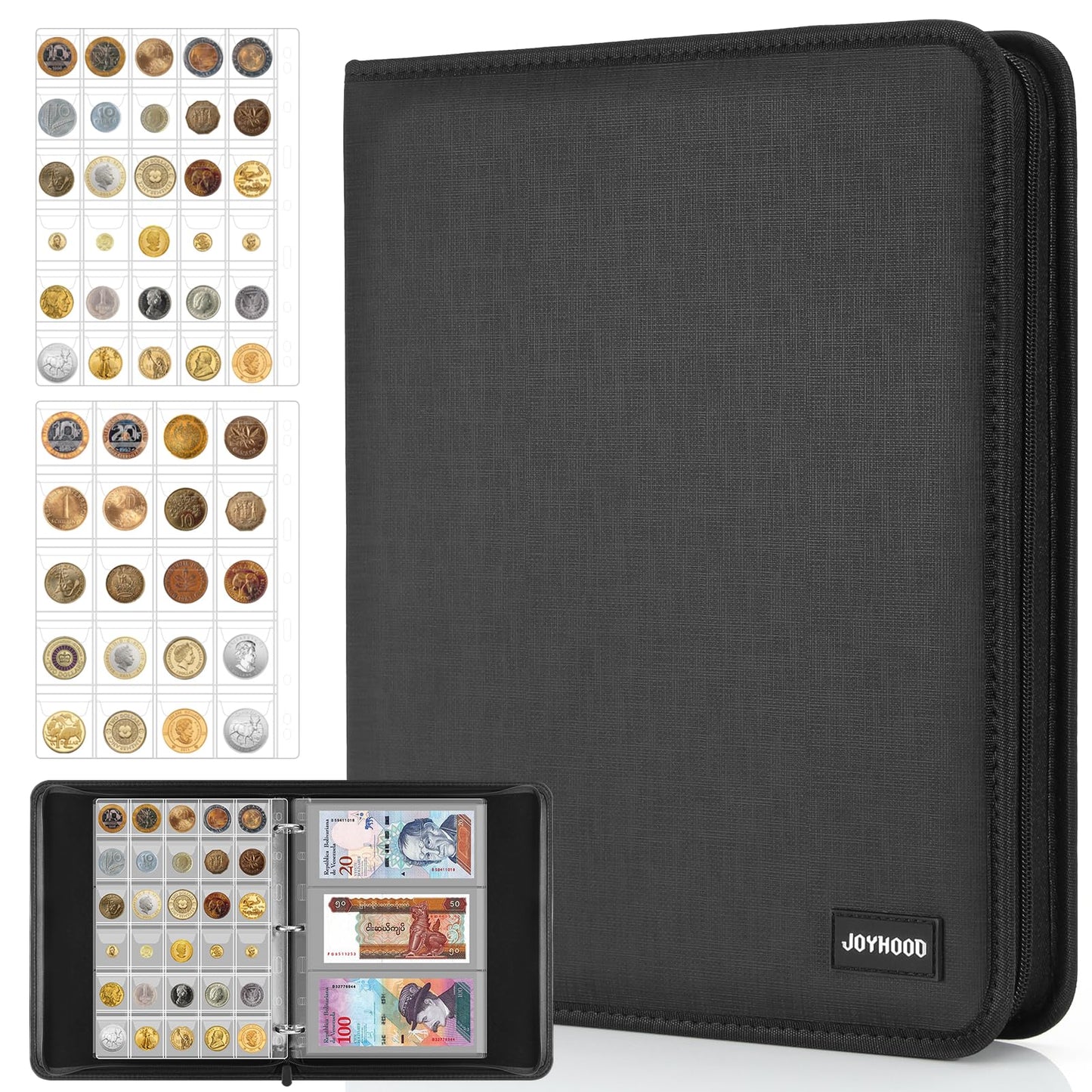 JoyHood Coin Collection Book Holder for Collectors, Money Storage Binder Hold 400 Coins Pockets + 15 Bills Pockets, Coin Organizer Book for Coin Currency Collection Supplies