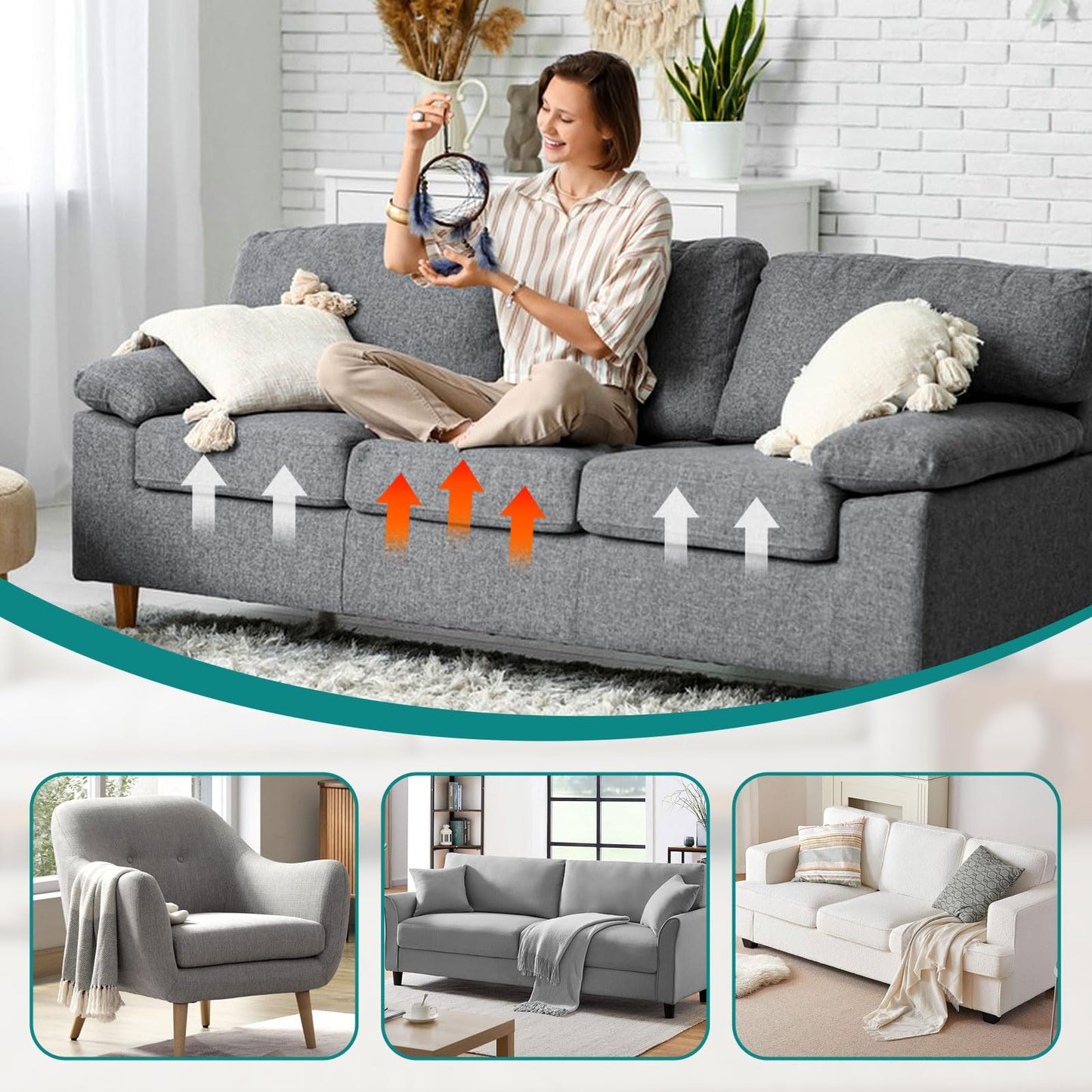 20"x20" High-Density Foam Cushions for Sofa Couch Cushion Support Inserts, Curved Design for Sagging Seat Repair, Black Set of 3 - Sofa Seat Support for Couch, Loveseat, and Sectional Furniture（Grey）