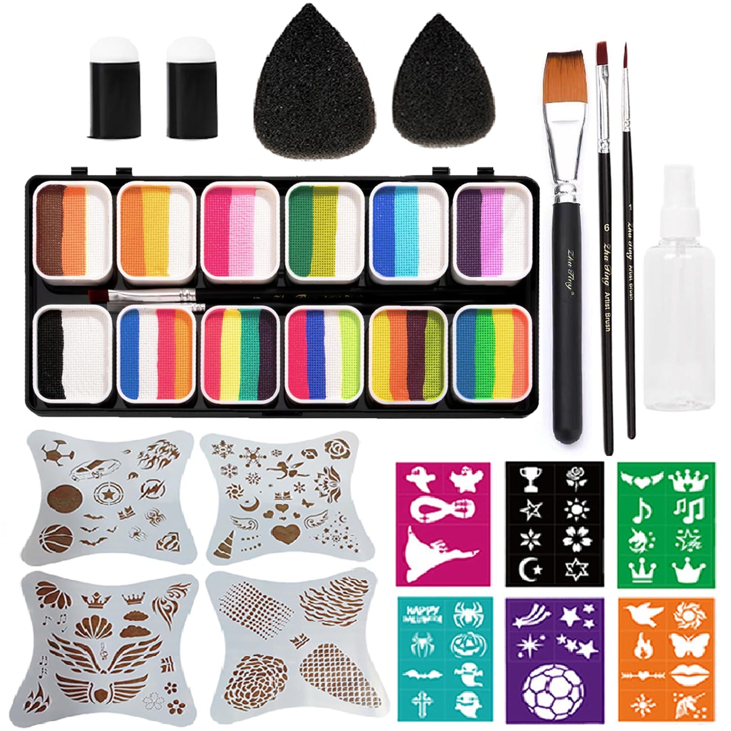 Face Painting Kits for Kids Adults Party Professional Split Cake Palette Water Actived Body Paint for Skin with Brushes Sponges Stencils Non-Toxic & Washable for Birthday Children's Day