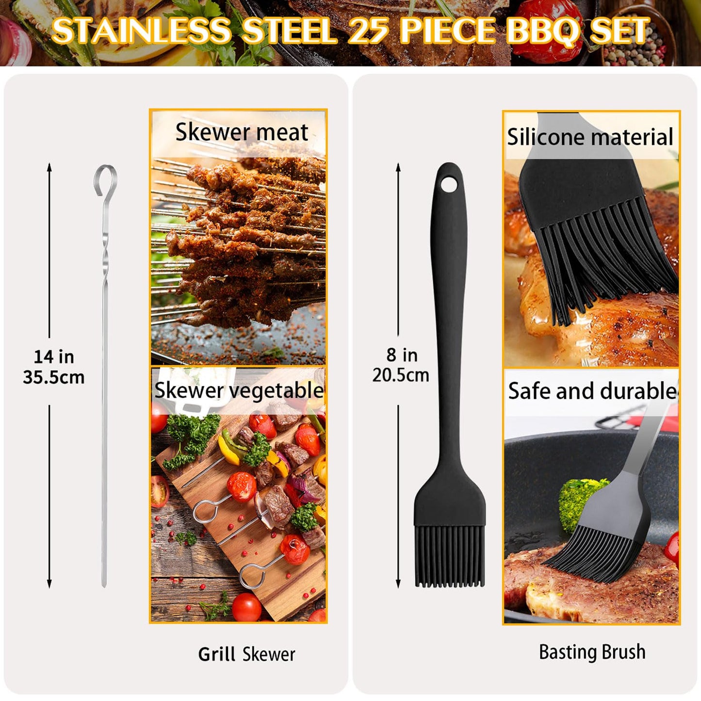 25 PCS BBQ Grill Accessories Tools Set, Stainless Steel Grilling Accessories Kit with Storage Case for Indoor & Outdoor Use, BBQ Utensils Set for Camping, Kitchen, Party, Backyard Barbecue (25 PCS)