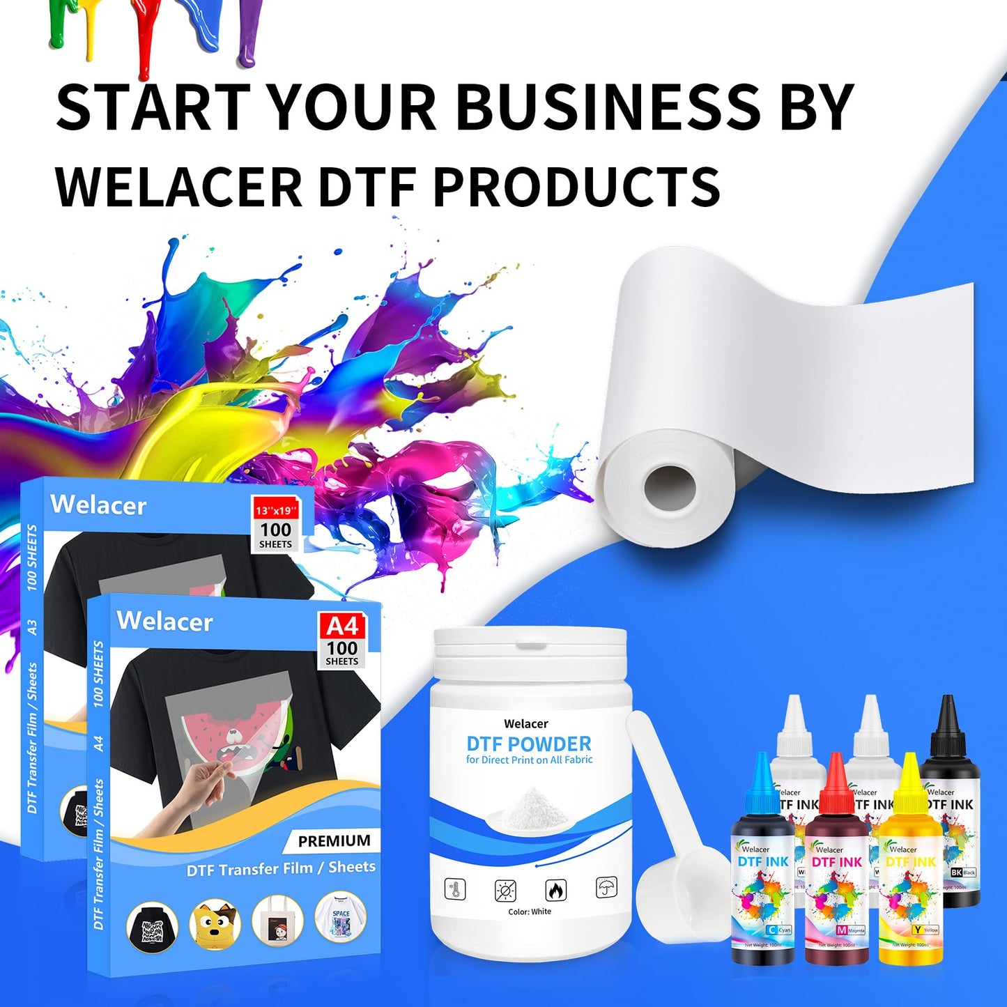 Welacer DTF Transfer Film Roll 13 Inch x 328 FT for Sublimation Double-Side Matte Clear Pretreat Sheets, PET Heat Transfer Paper for Inkjet Printer Direct Print on T Shirts Textile