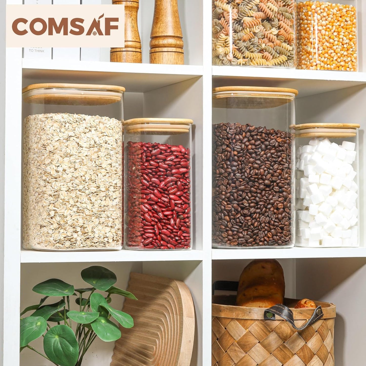 ComSaf 1.2 Gallon Wide Mouth Flour Sugar Storage Containers 2 Pcs, 156 oz Glass Storage Containers with Lids, Large Pantry Glass Jar with Lid, Big Jars for Rice, Flour, Sugar, Cereal, Cookie, Coffee